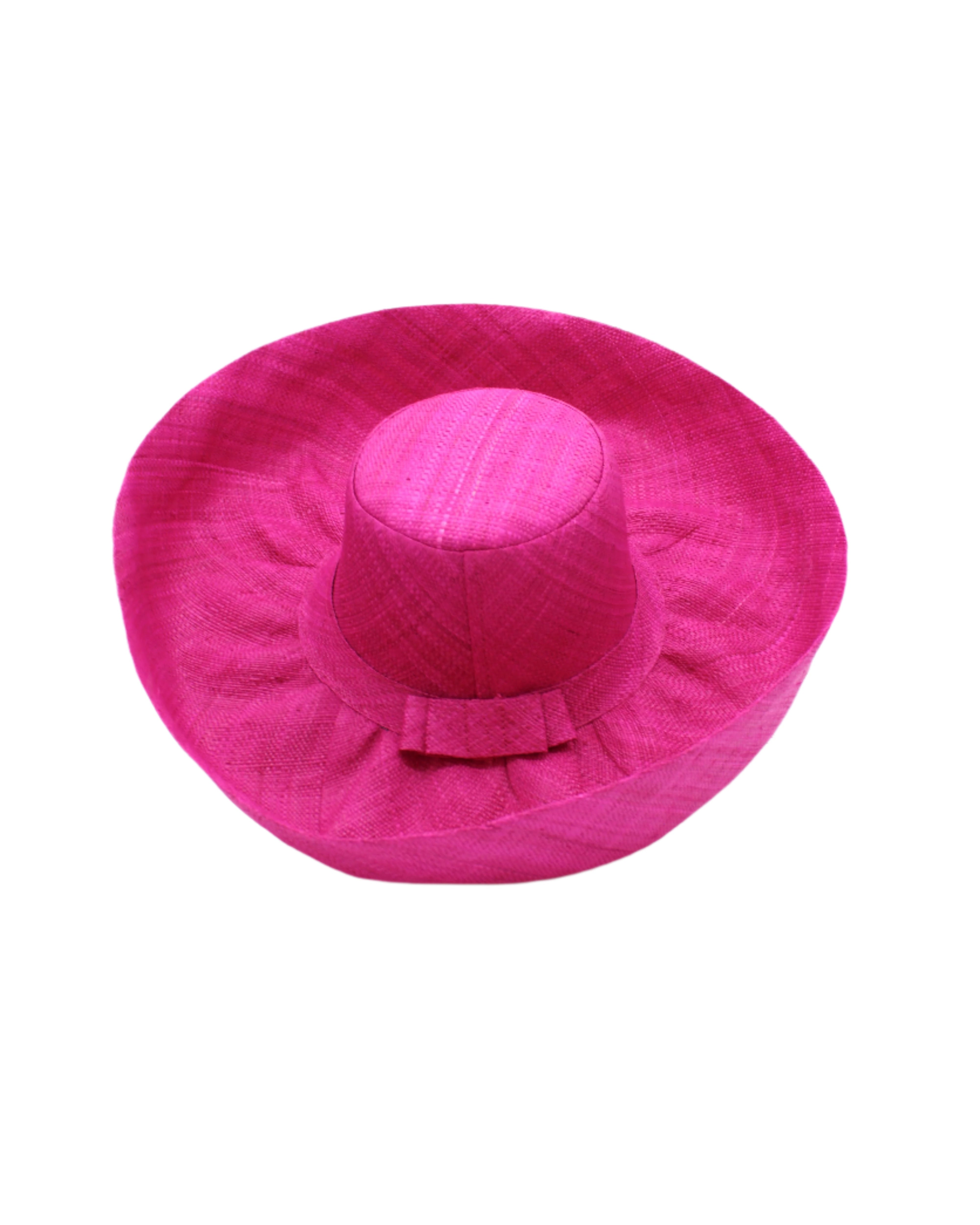 Monica 5" & 7" Wide Brim Solid Color Packable Straw Sun Hat handmade loomed raffia in a solid hue of fuchsia hot/bright/barbie/pink - Shebobo