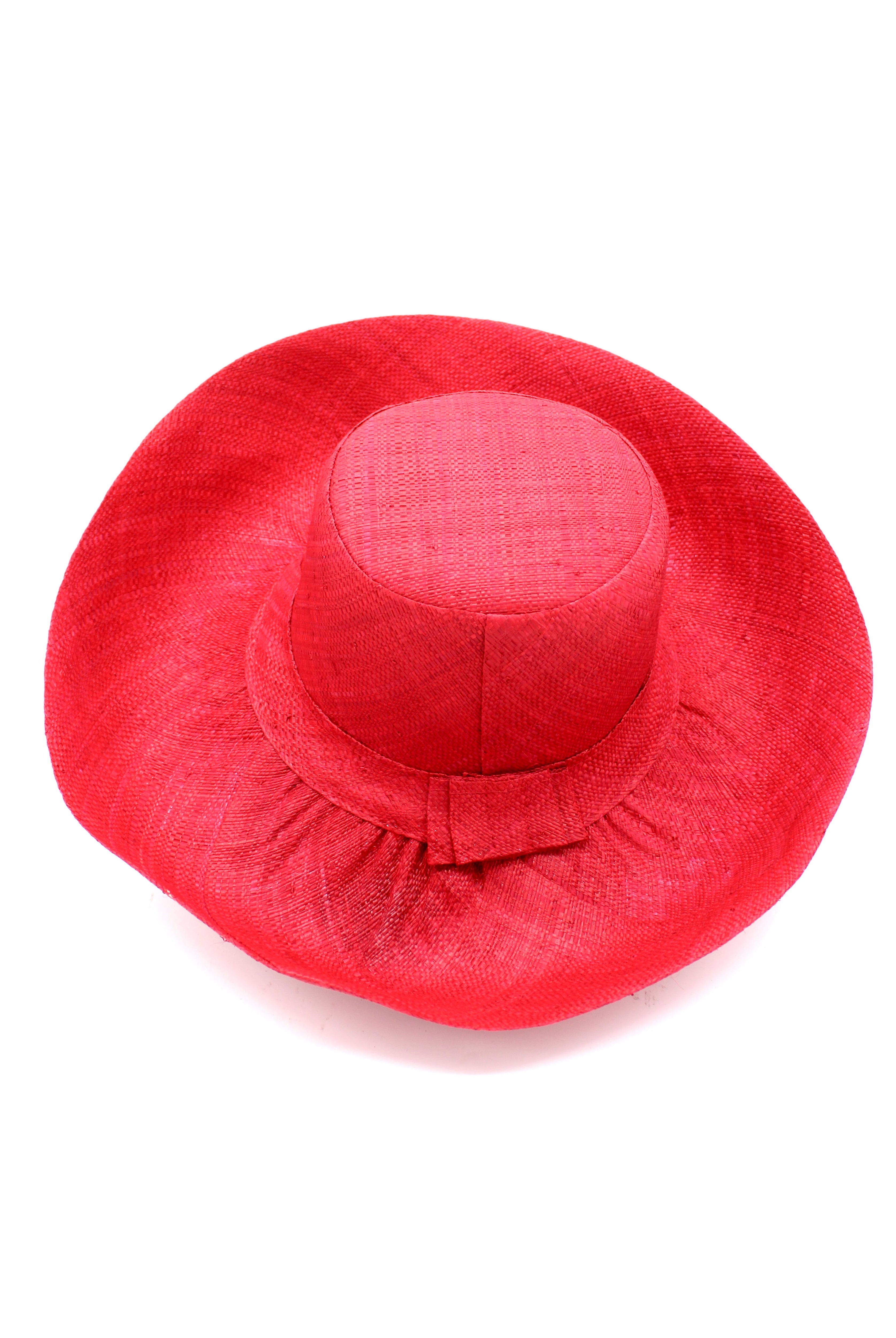 Monica 5" & 7" Wide Brim Red Packable Straw Sun Hat handmade loomed raffia in a solid hue of red lightweight malleable flexible sun protection hat - Shebobo