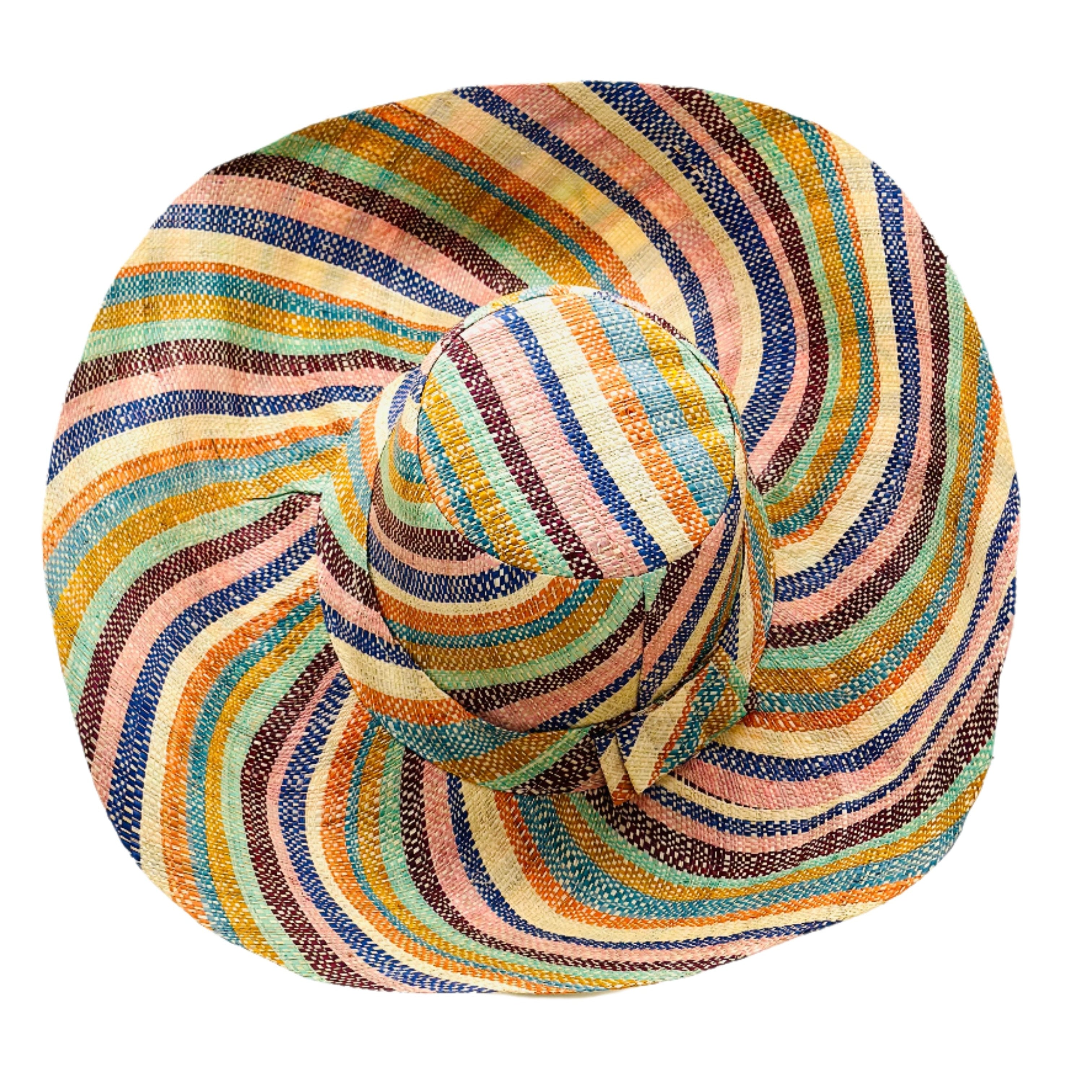 Monica 5" & 7" Wide Brim Taffy Multicolor Stripes Packable Straw Sun Hat Handmade loomed raffia in multi width bands of saffron yellow, turquoise blue, seafoam blue/green, orange, pink, bordeaux red, etc., and natural create a swirl pattern - Shebobo