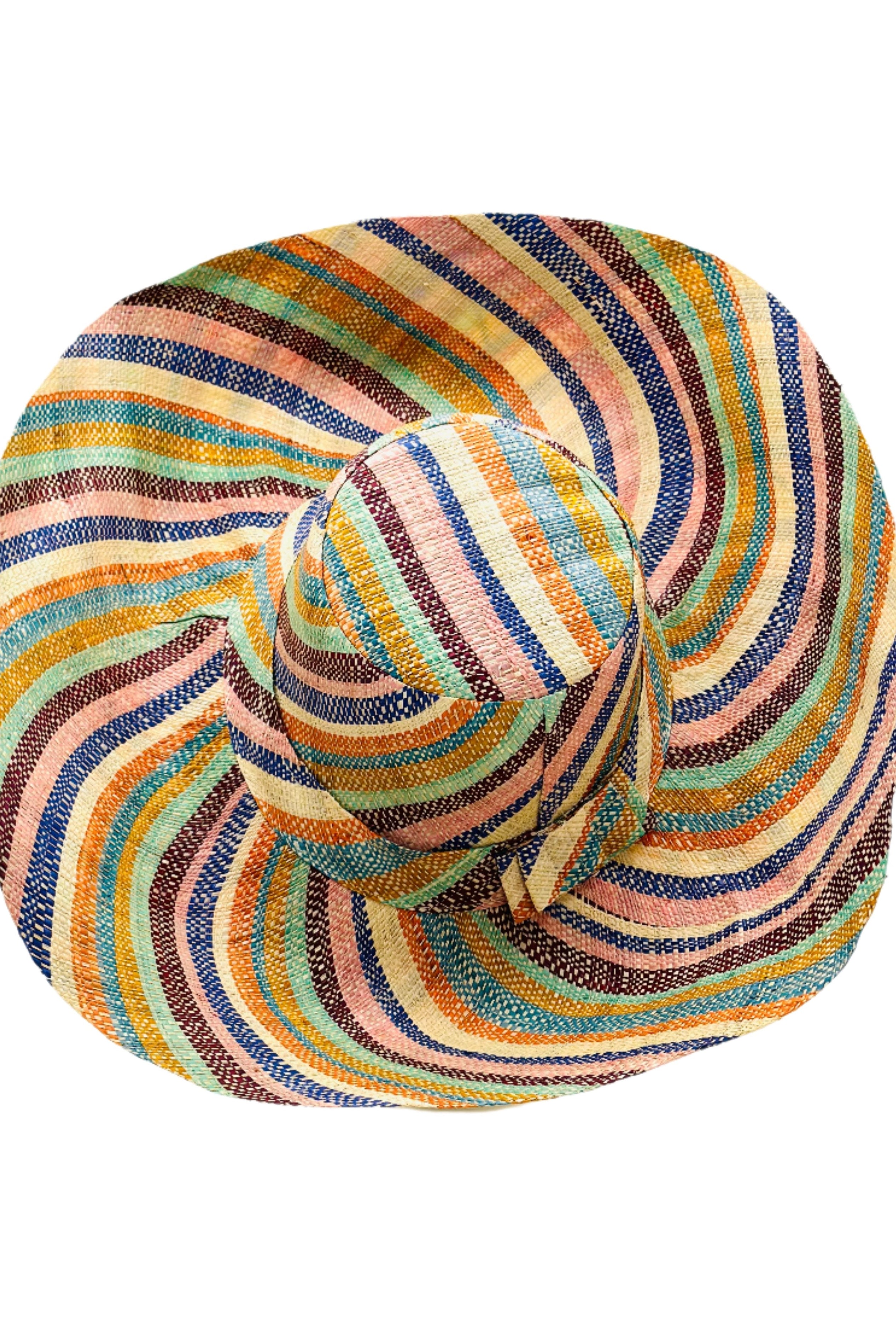 Monica 5" & 7" Wide Brim Taffy Multicolor Stripes Packable Straw Sun Hat Handmade loomed raffia in multi width bands of saffron yellow, turquoise blue, seafoam blue/green, orange, pink, bordeaux red, etc., and natural create a swirl pattern - Shebobo