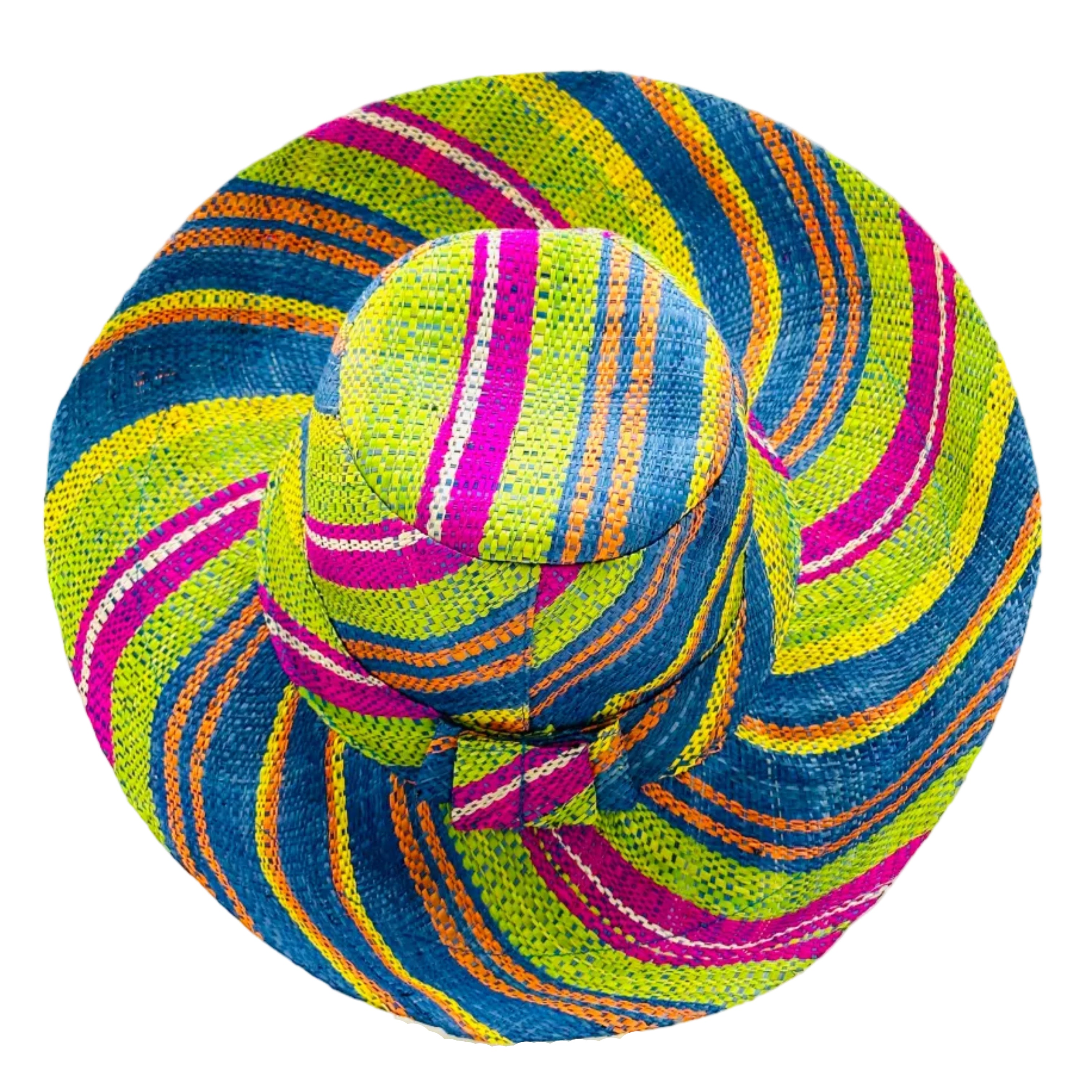 5" & 7" Wide Brim Turquoise and Lime Multicolor Stripes Packable Straw Sun Hat Handmade loomed raffia multi width bands of turquoise blue, lime green, fuchsia pink, orange, yellow, and natural straw color create a swirl pattern - Shebobo