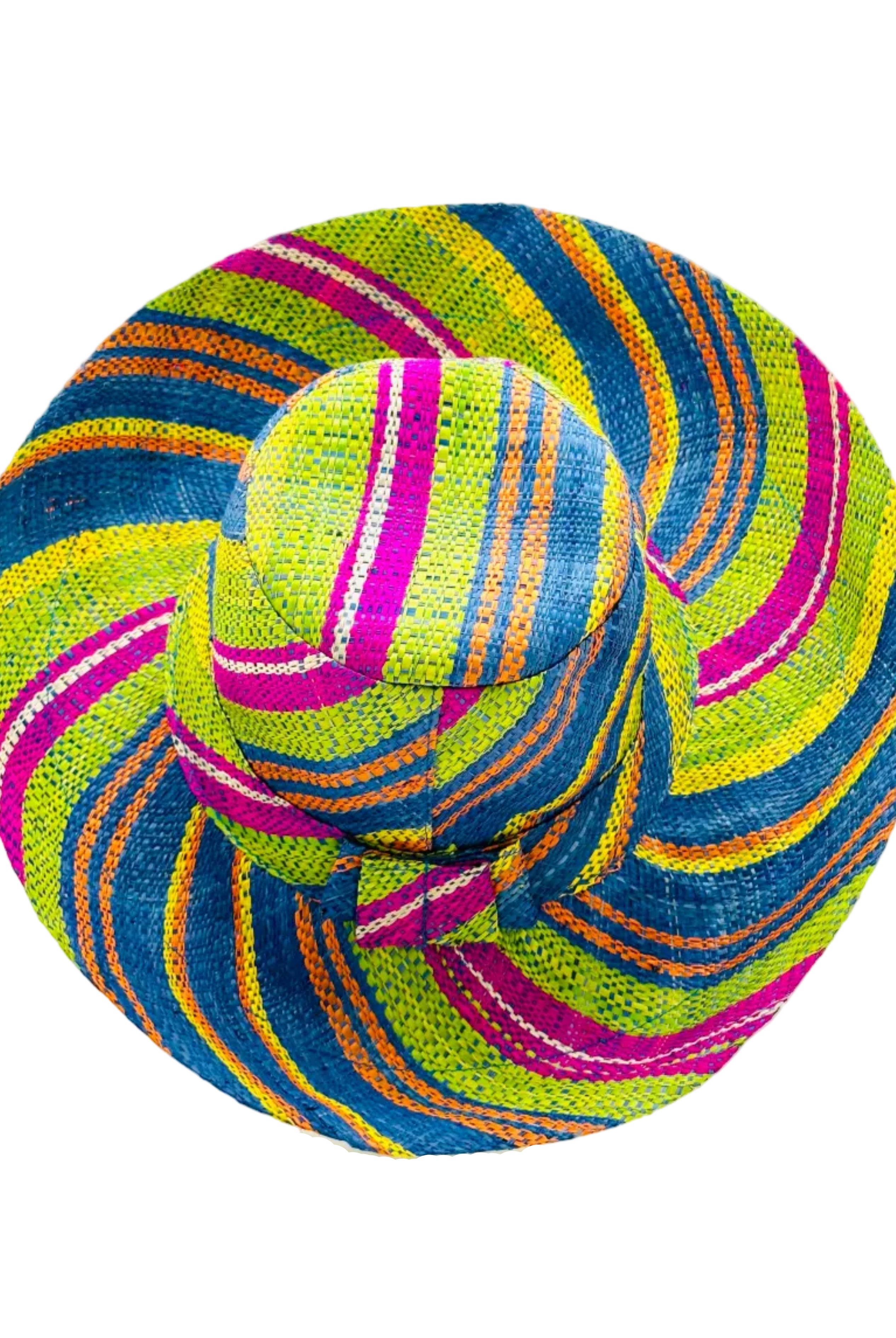 5" & 7" Wide Brim Turquoise and Lime Multicolor Stripes Packable Straw Sun Hat Handmade loomed raffia multi width bands of turquoise blue, lime green, fuchsia pink, orange, yellow, and natural straw color create a swirl pattern - Shebobo