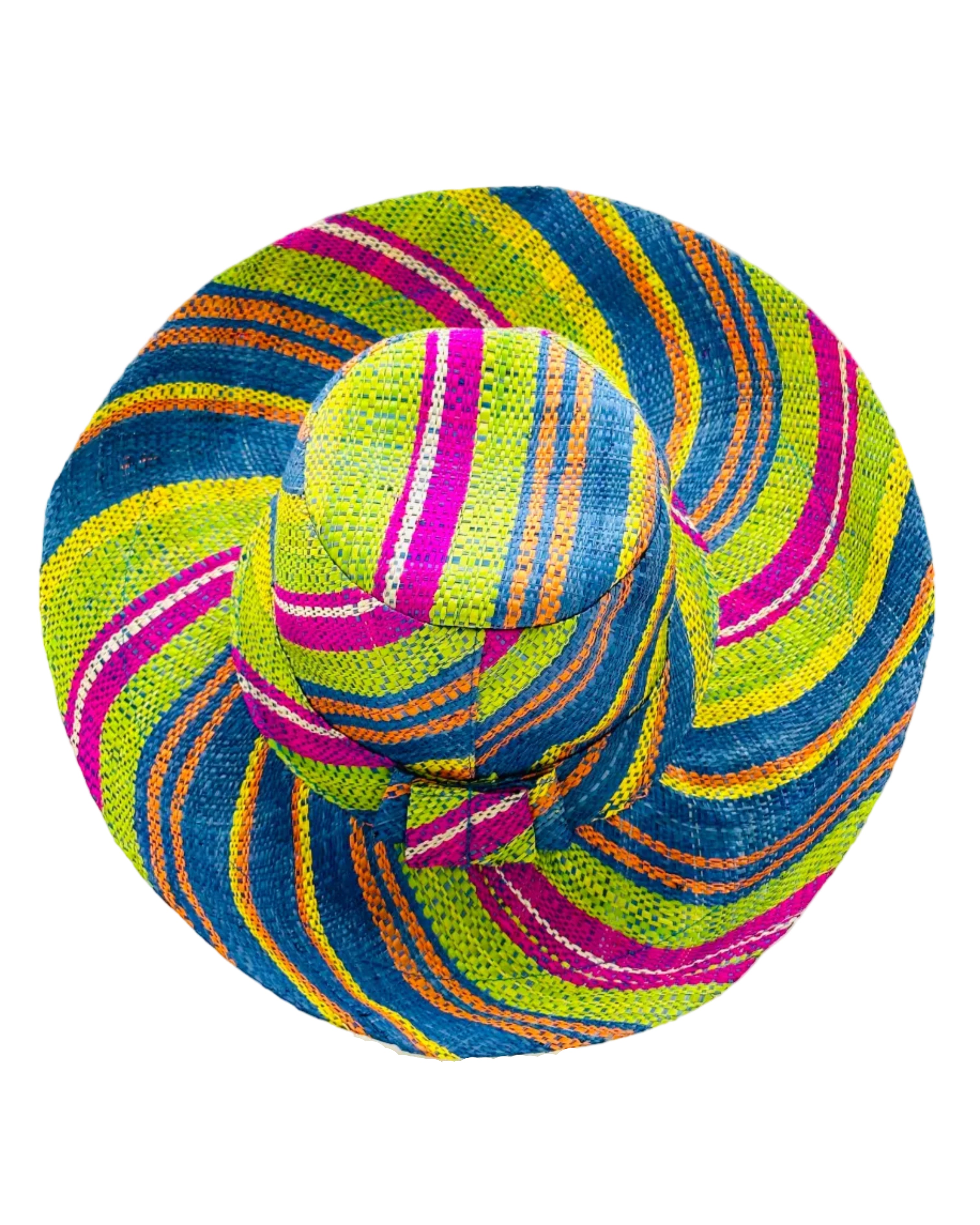 5" & 7" Wide Brim Turquoise and Lime Multicolor Stripes Packable Straw Sun Hat Handmade loomed raffia multi width bands of turquoise blue, lime green, fuchsia pink, orange, yellow, and natural straw color create a swirl pattern - Shebobo