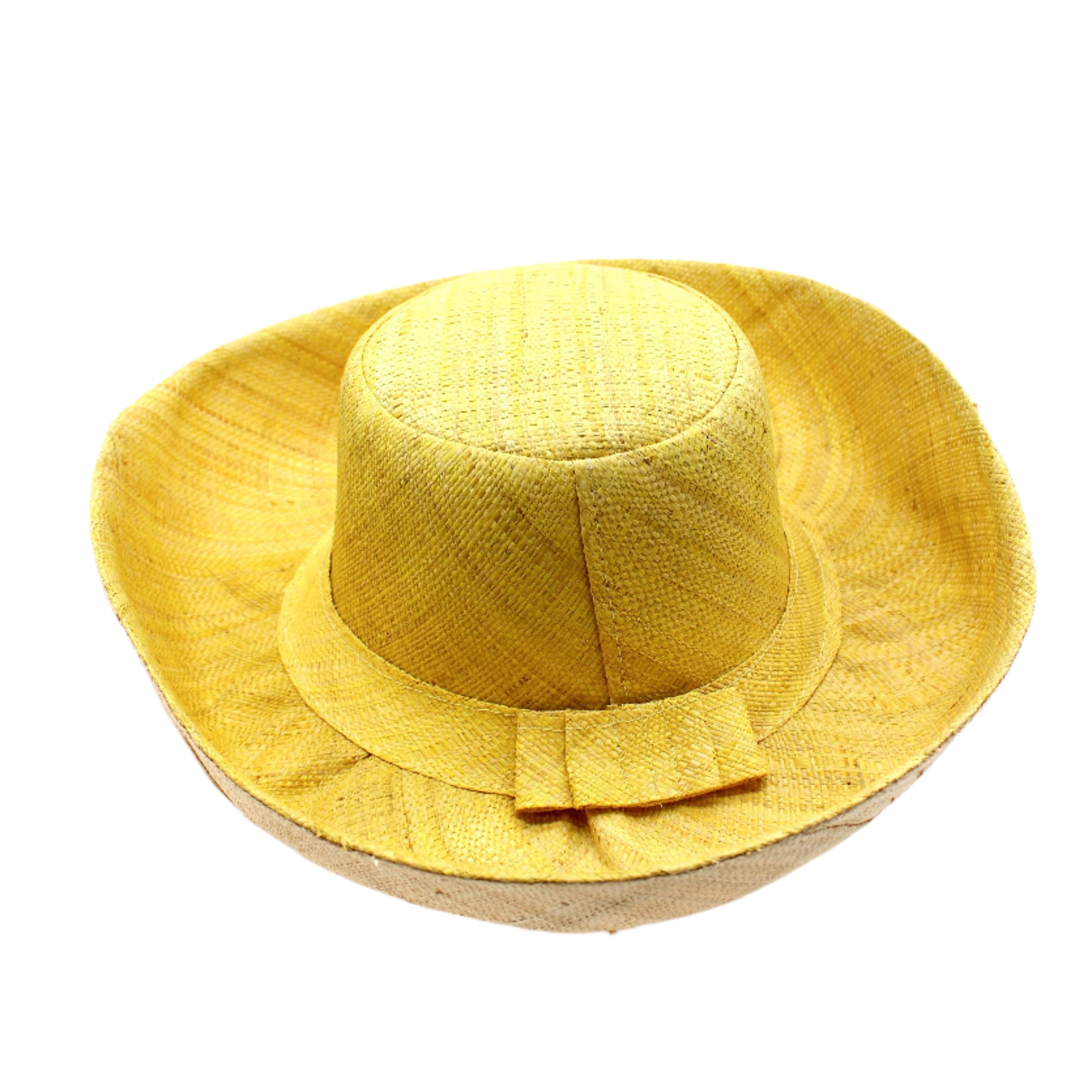 Monica 5" & 7" Brim Two Tone Butter Straw Hat handmade loomed raffia color block pattern of the top half butter/light yellow and the bottom half natural straw color - Shebobo