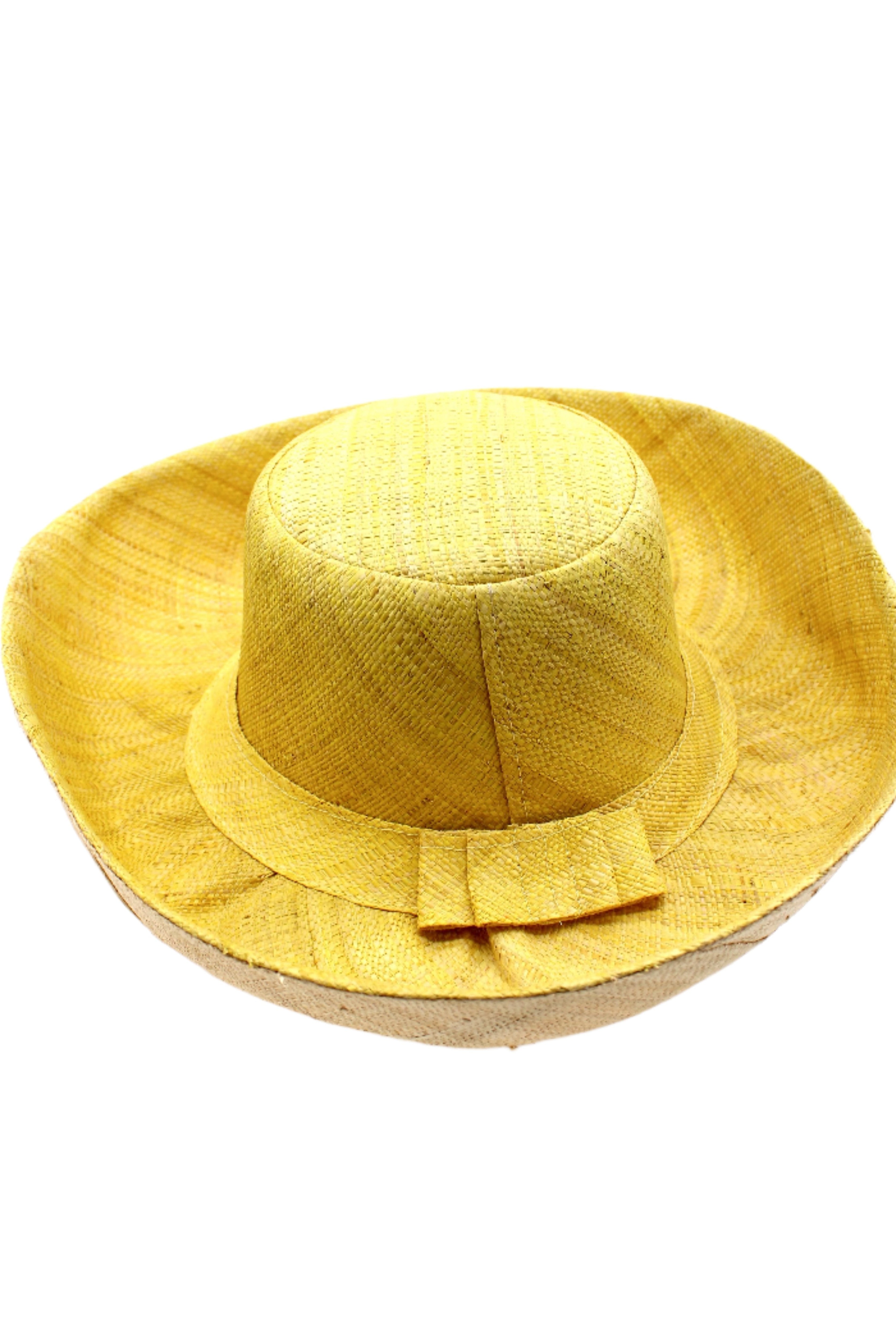 Monica 5" & 7" Brim Two Tone Butter Straw Hat handmade loomed raffia color block pattern of the top half butter/light yellow and the bottom half natural straw color - Shebobo
