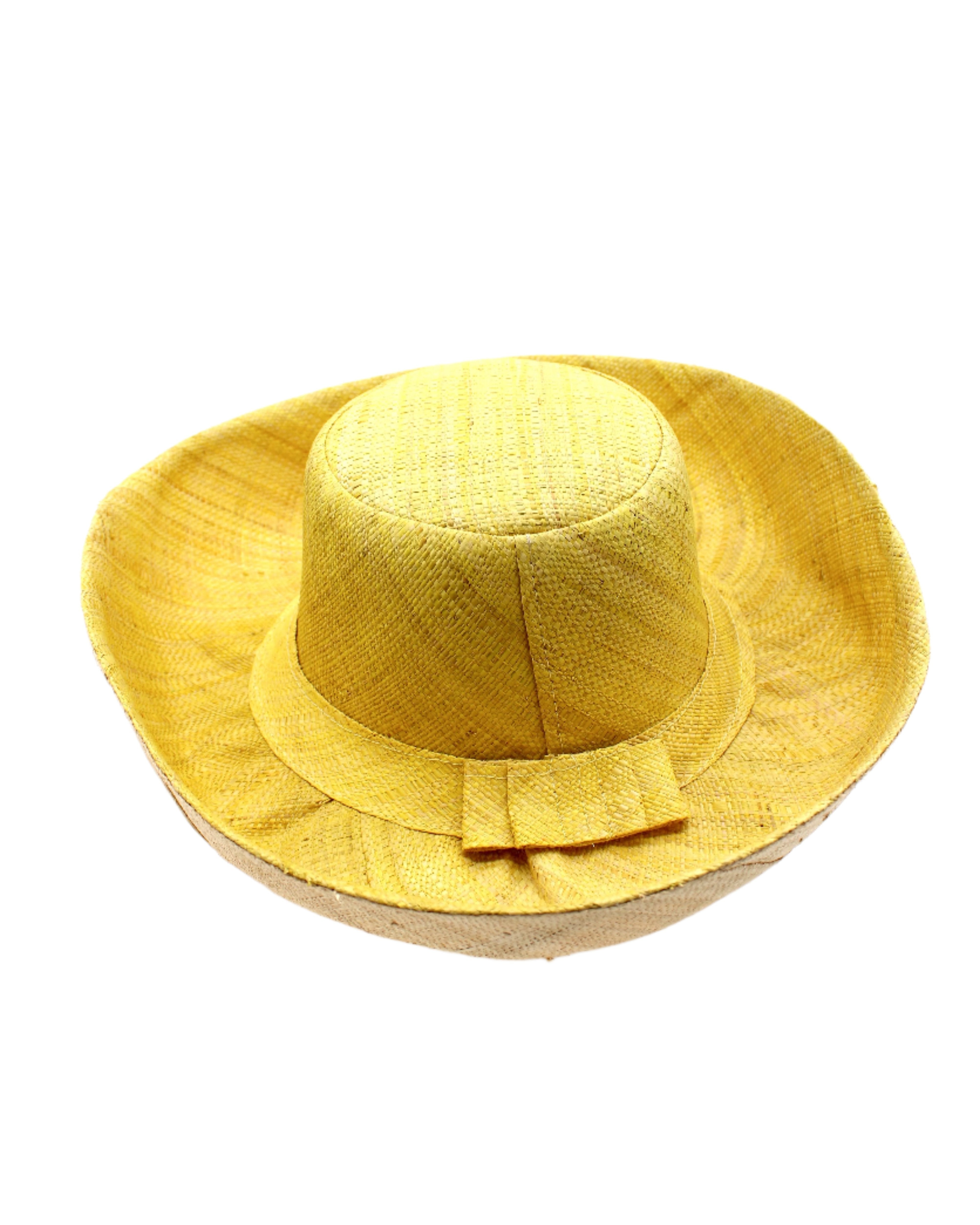 Monica 5" & 7" Brim Two Tone Butter Straw Hat handmade loomed raffia color block pattern of the top half butter/light yellow and the bottom half natural straw color - Shebobo