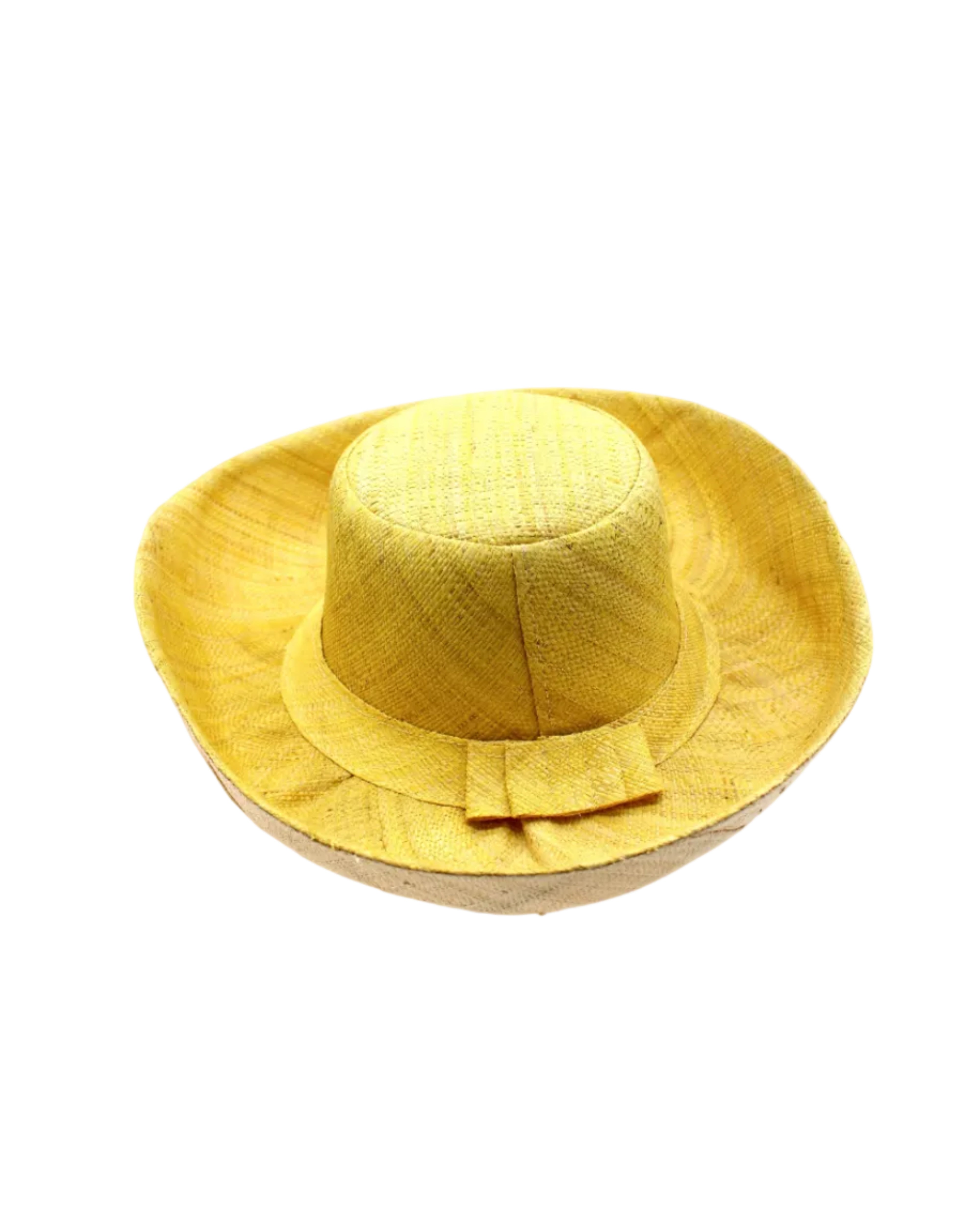 Monica 5" & 7" Brim Two Tone Butter Straw Hat handmade loomed raffia color block pattern of the top half butter/light yellow and the bottom half natural straw color - Shebobo
