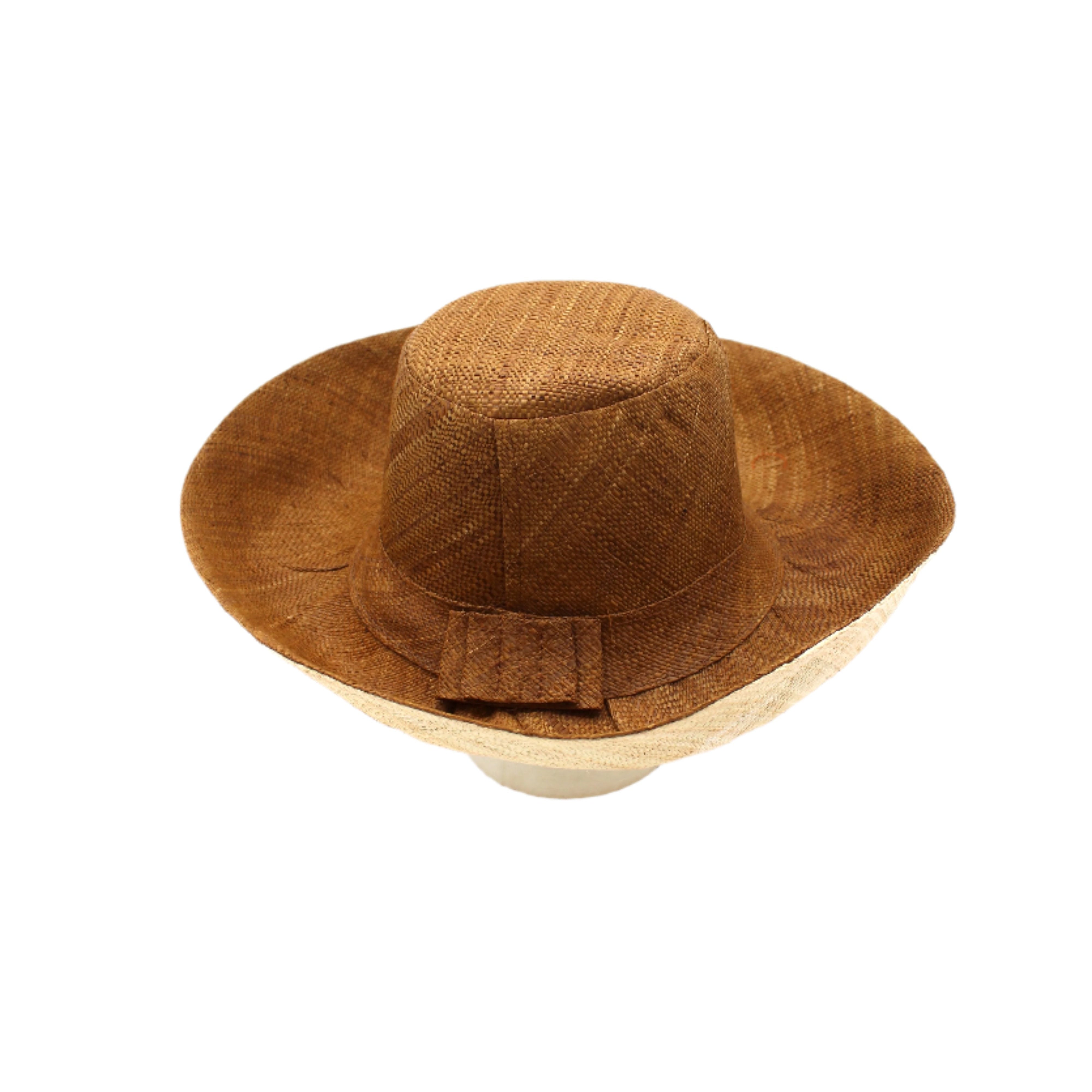 Monica 5" & 7" Brim Two Tone Cinnamon Straw Hat handmade loomed raffia color block pattern of the top half cinnamon/tobacco/brown and the bottom half natural straw color - Shebobo