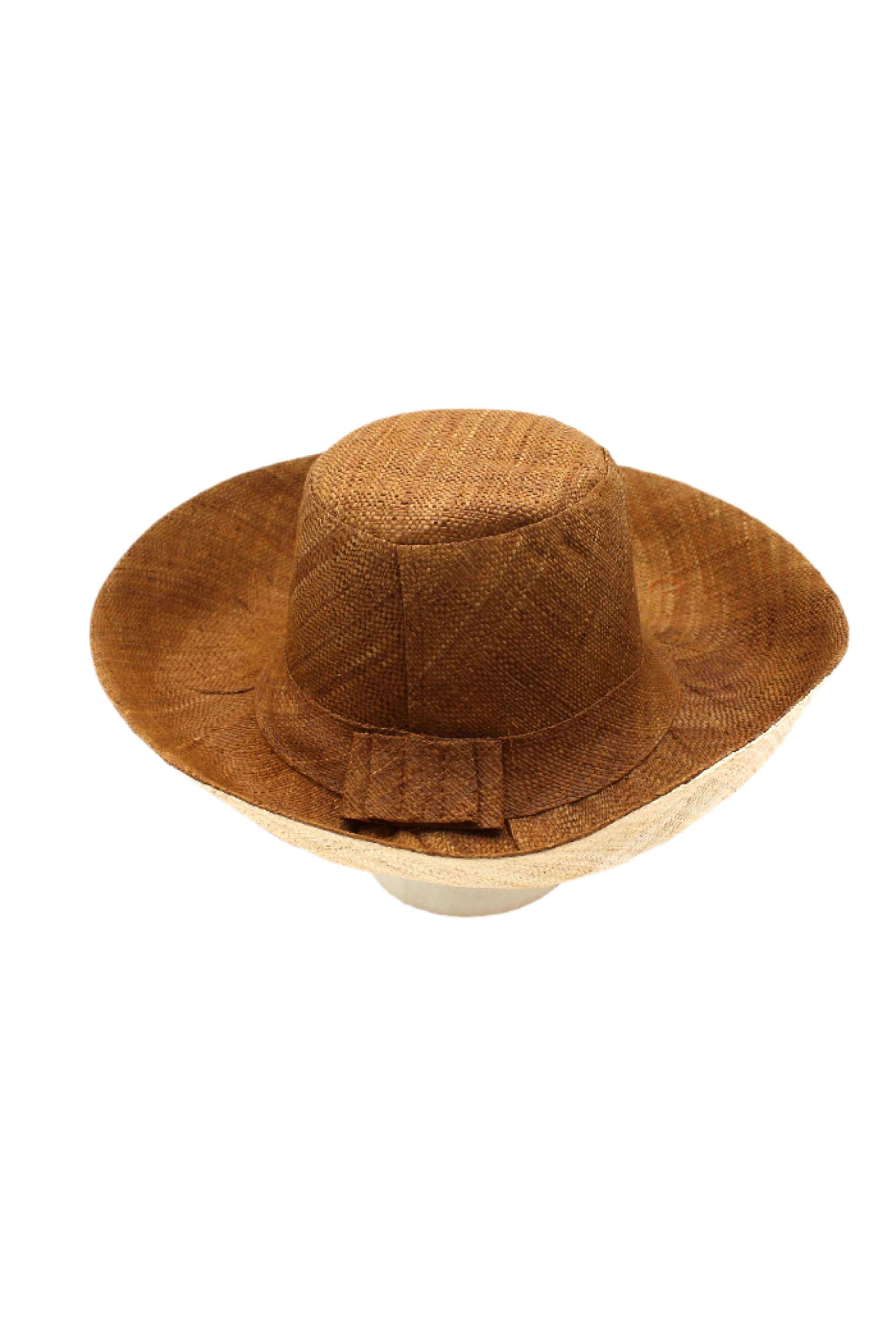 Monica 5" & 7" Brim Two Tone Cinnamon Straw Hat handmade loomed raffia color block pattern of the top half cinnamon/tobacco/brown and the bottom half natural straw color - Shebobo