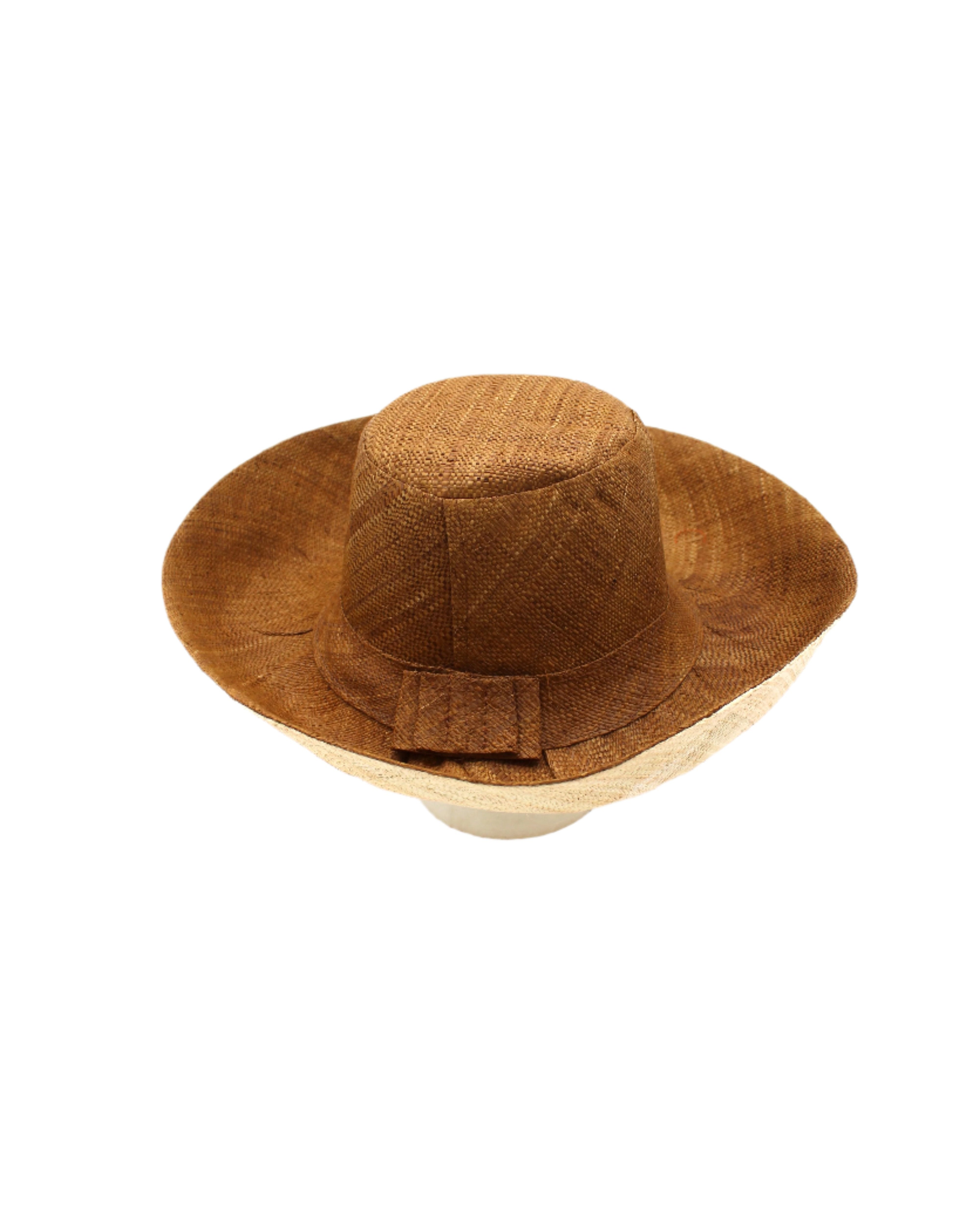Monica 5" & 7" Brim Two Tone Cinnamon Straw Hat handmade loomed raffia color block pattern of the top half cinnamon/tobacco/brown and the bottom half natural straw color - Shebobo