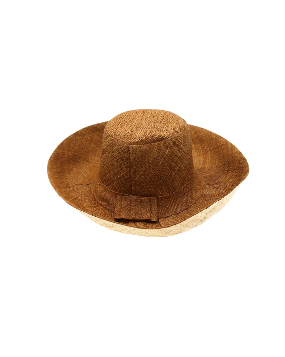 Monica 5" & 7" Brim Two Tone Cinnamon Straw Hat handmade loomed raffia color block pattern of the top half cinnamon/tobacco/brown and the bottom half natural straw color - Shebobo