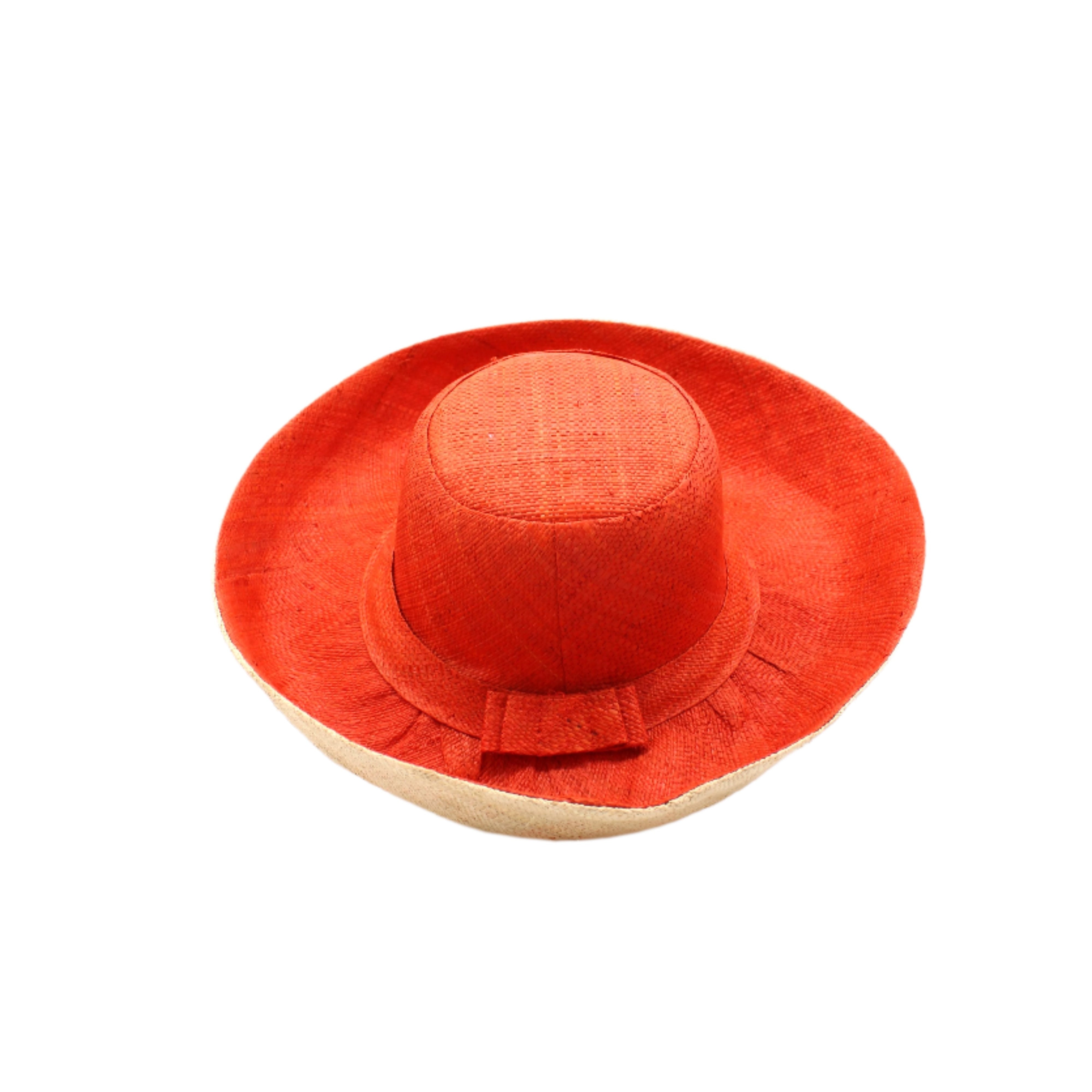 Monica 5" & 7" Brim Two Tone Coral red/orange Straw Hat handmade loomed raffia color block pattern of the top half coral orange/red and the bottom half natural straw color - Shebobo