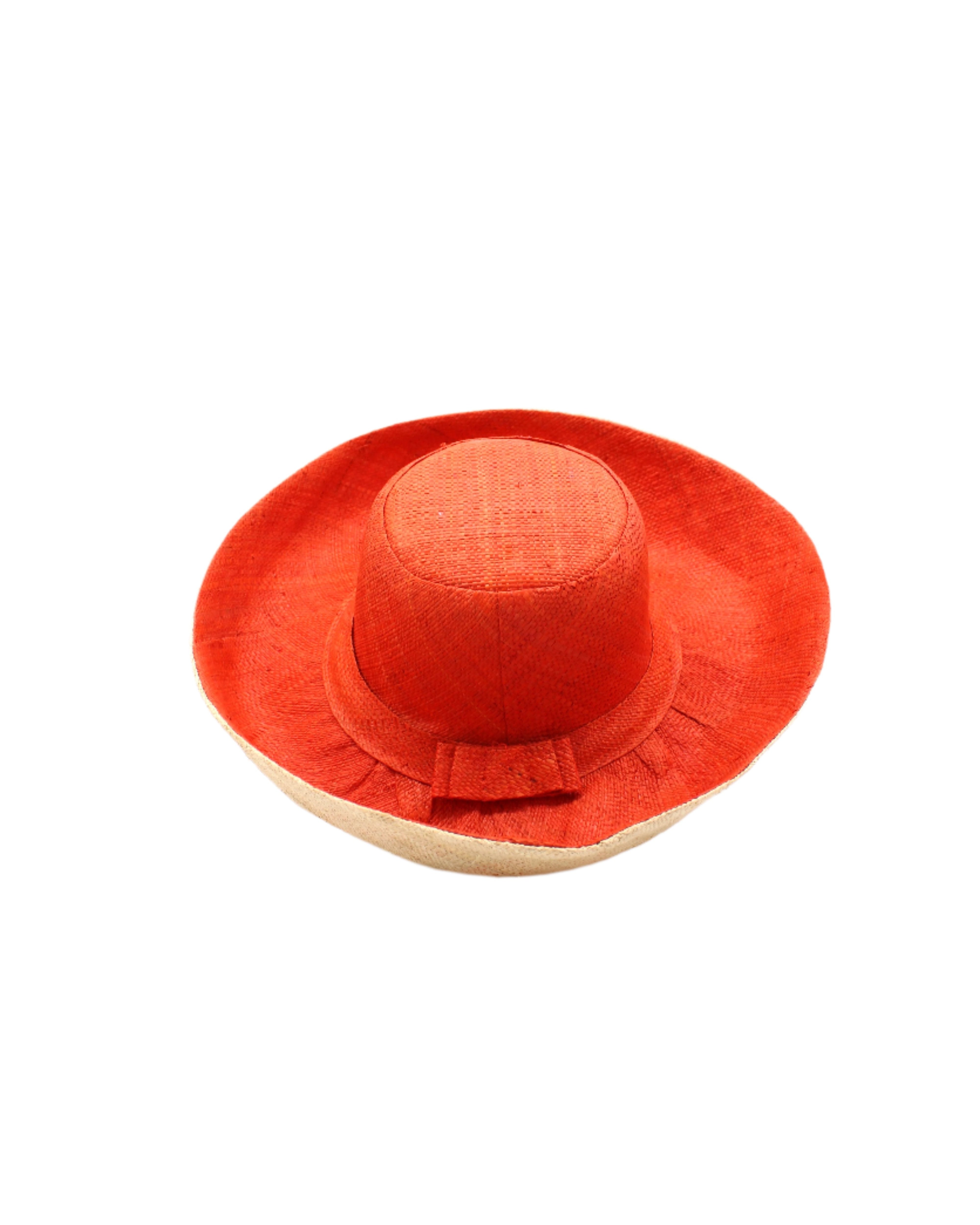 Monica 5" & 7" Brim Two Tone Coral red/orange Straw Hat handmade loomed raffia color block pattern of the top half coral orange/red and the bottom half natural straw color - Shebobo