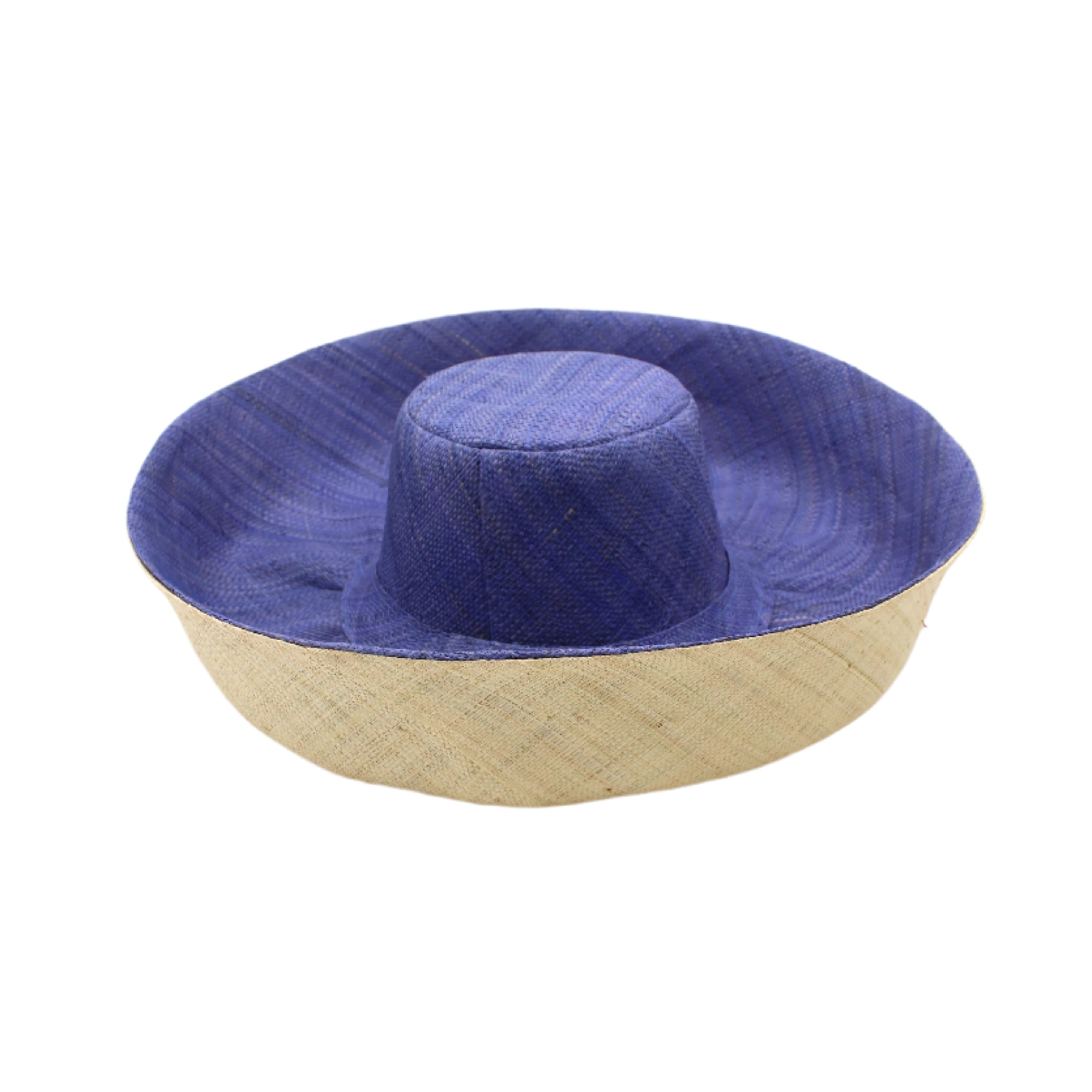 Monica 5" & 7" Brim Two Tone Denim Straw Hat handmade loomed raffia color block pattern of the top half denim retro/light/blue and the bottom half natural straw color - Shebobo
