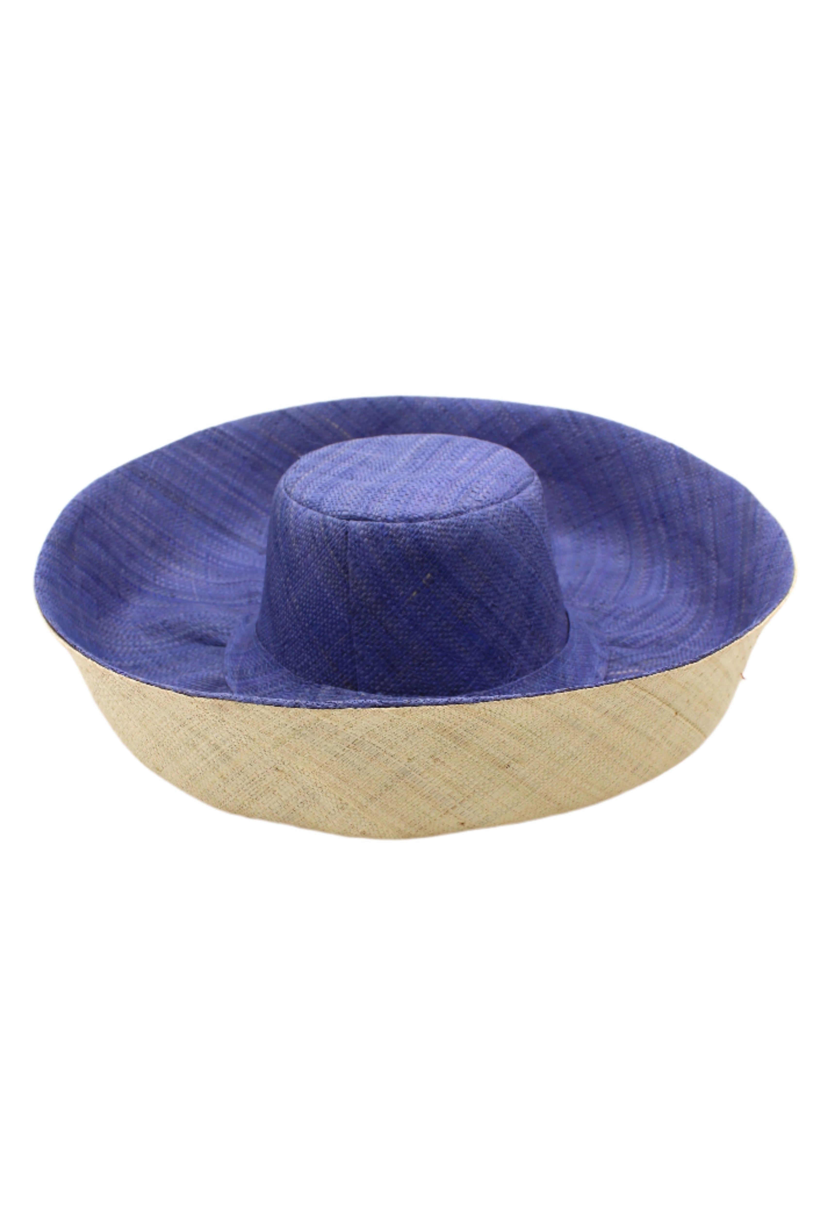 Monica 5" & 7" Brim Two Tone Denim Straw Hat handmade loomed raffia color block pattern of the top half denim retro/light/blue and the bottom half natural straw color - Shebobo