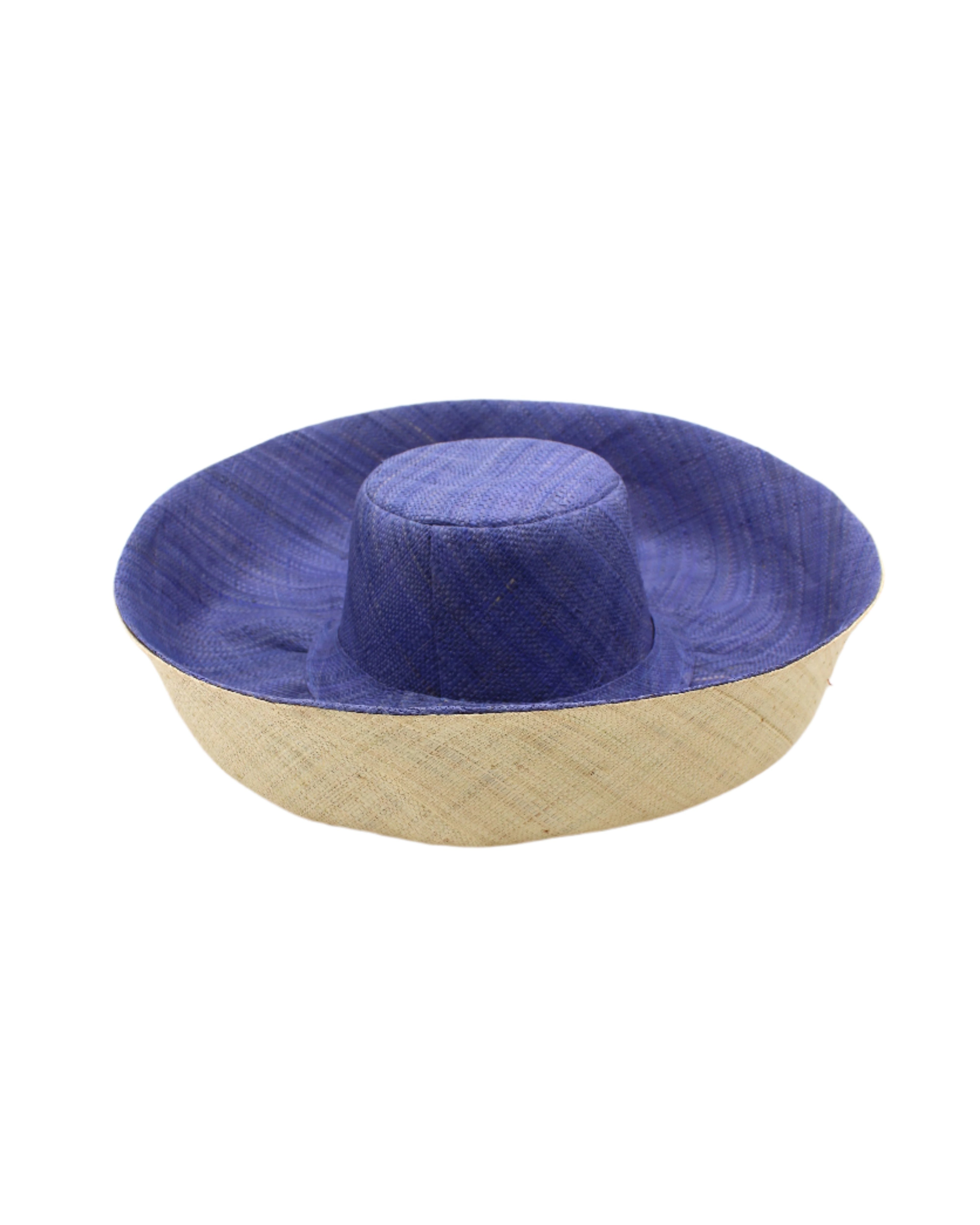 Monica 5" & 7" Brim Two Tone Denim Straw Hat handmade loomed raffia color block pattern of the top half denim retro/light/blue and the bottom half natural straw color - Shebobo