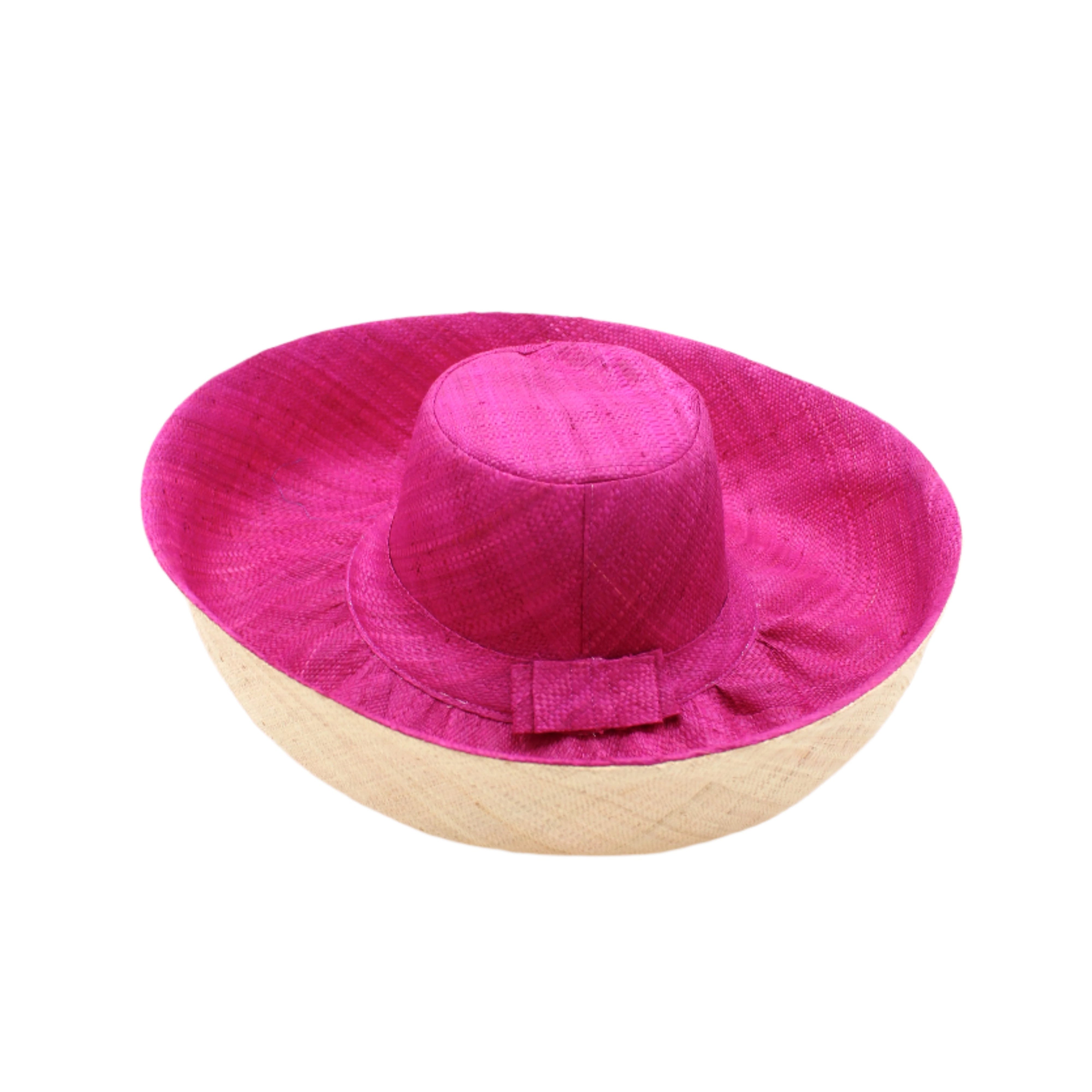 Monica 5" or 7" wide brim handmade fuchsia hot/bright/barbie/pink half and natural straw color bottom half two tone loomed raffia sun protection packable lightweight straw hat - Shebobo