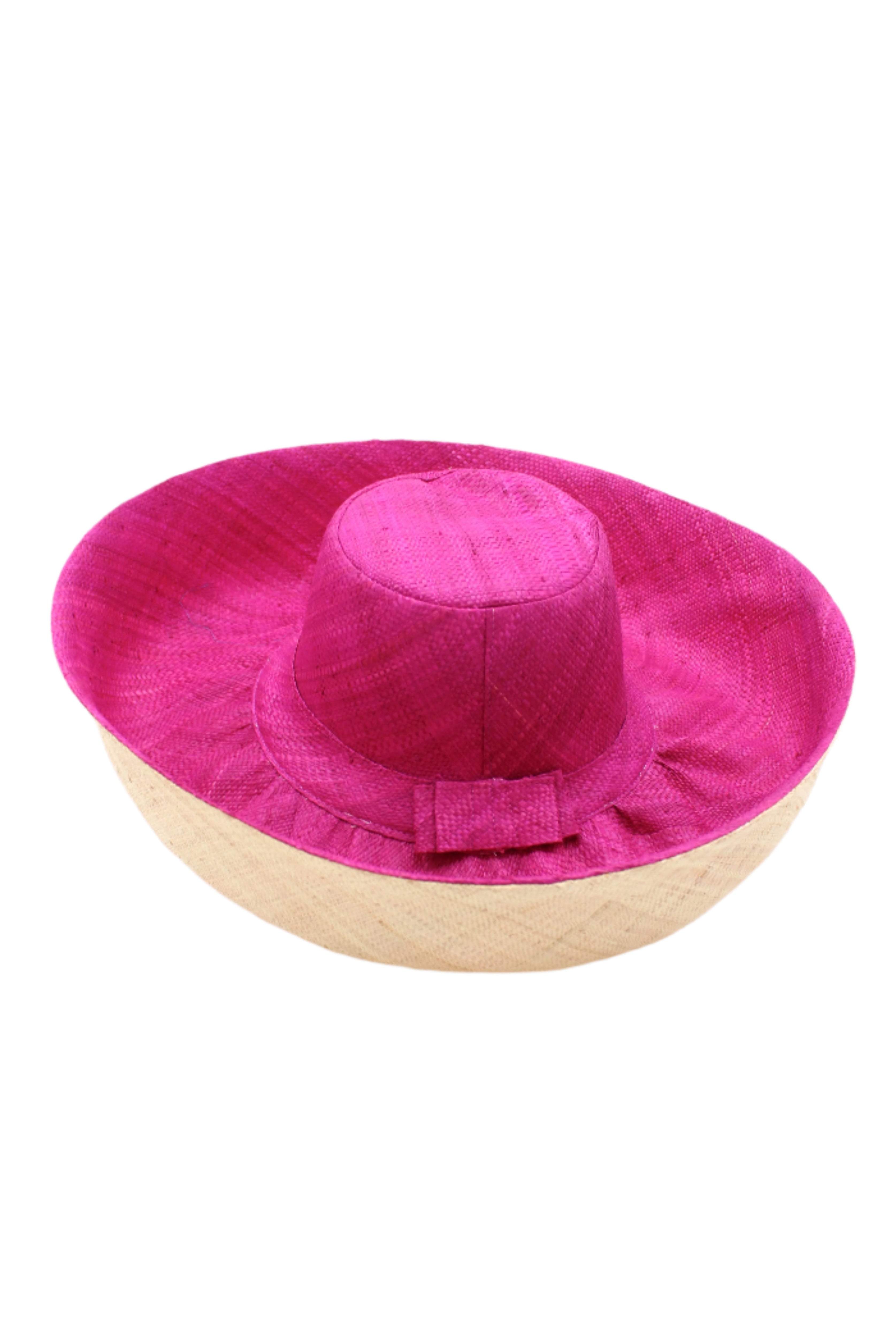 Monica 5" or 7" wide brim handmade fuchsia hot/bright/barbie/pink half and natural straw color bottom half two tone loomed raffia sun protection packable lightweight straw hat - Shebobo