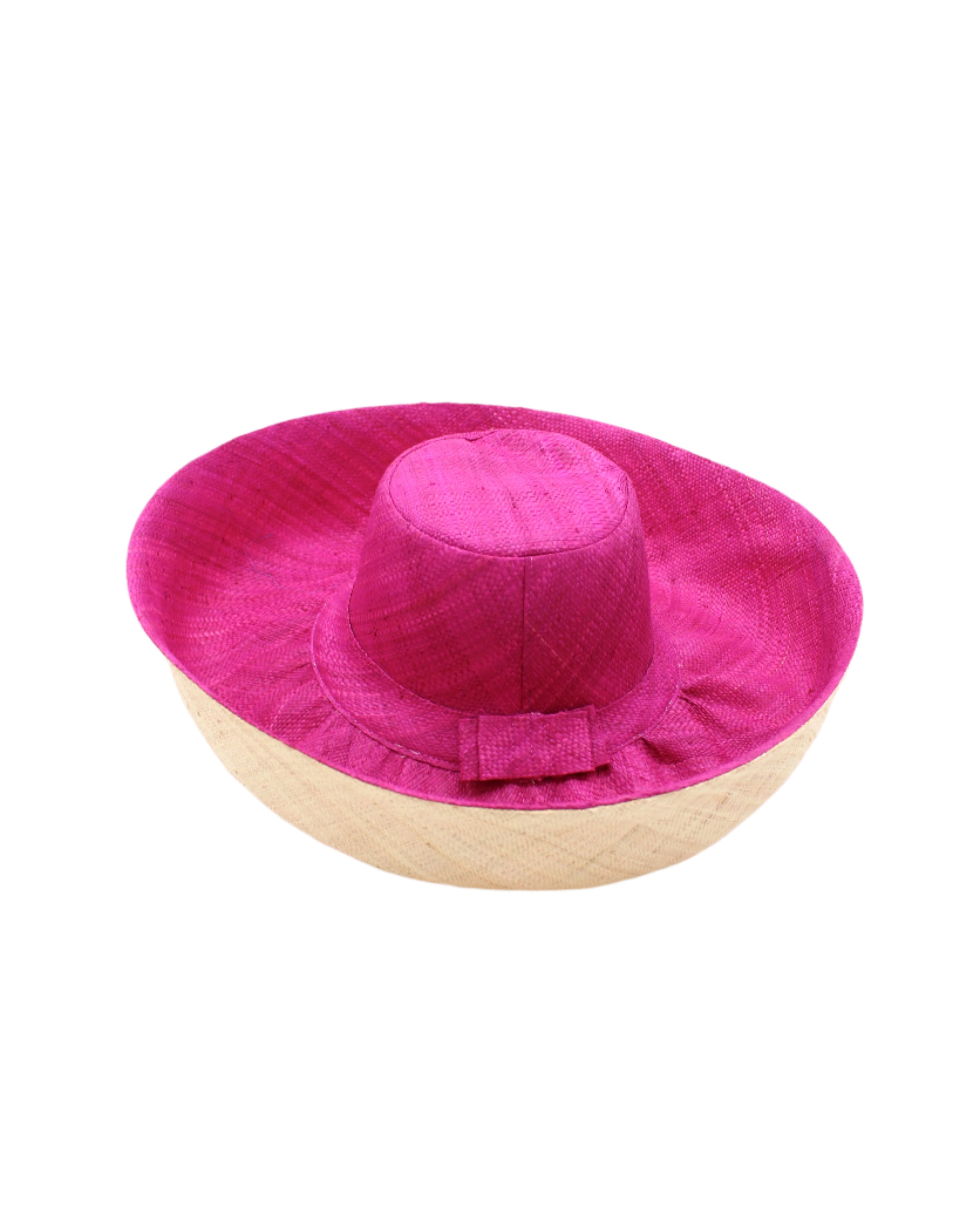 Monica 5" or 7" wide brim handmade fuchsia hot/bright/barbie/pink half and natural straw color bottom half two tone loomed raffia sun protection packable lightweight straw hat - Shebobo