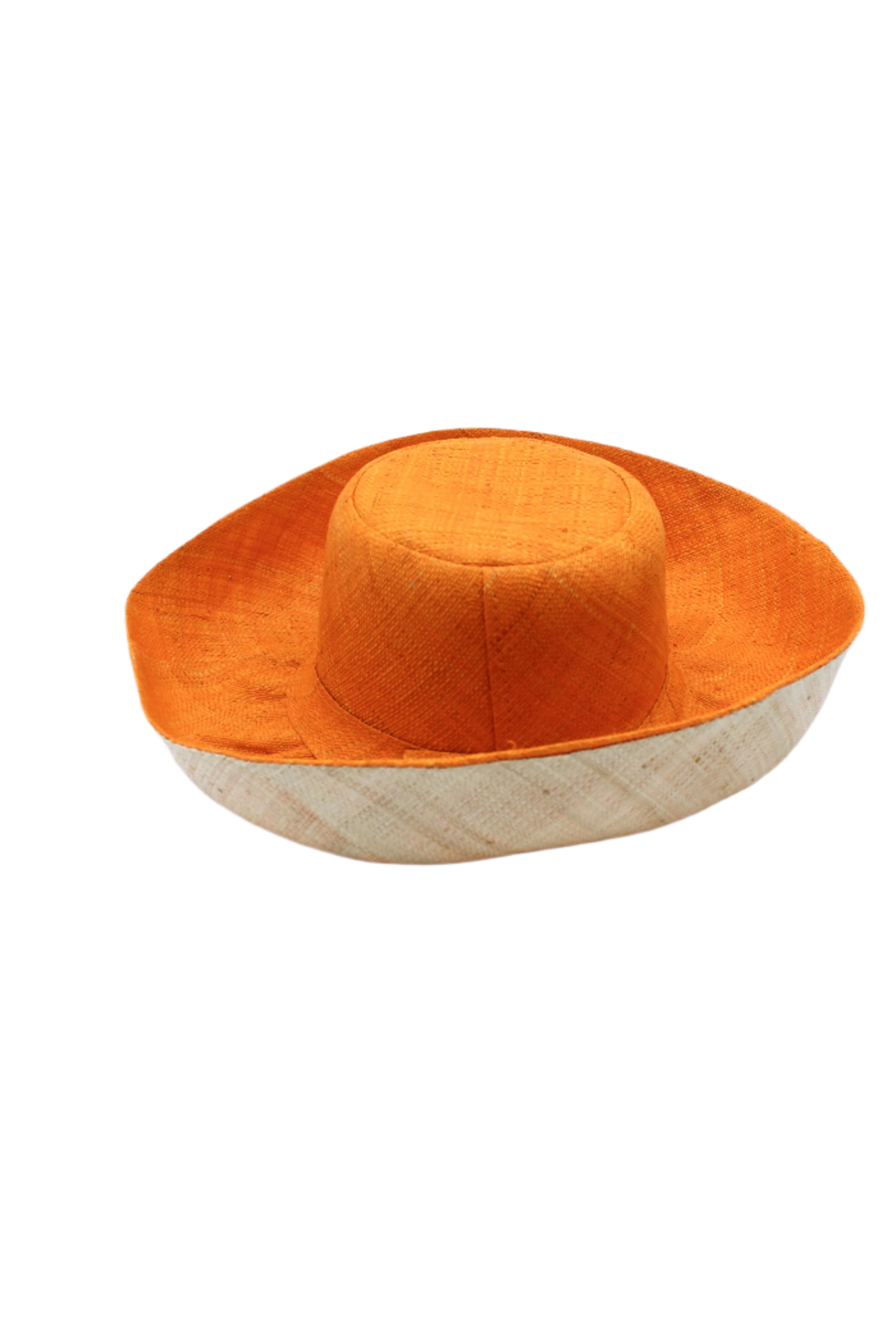 Monica 5" & 7" Brim Two Tone Saffron Straw Hat handmade loomed raffia color block pattern of the top half saffron orange/yellow and the bottom half natural straw color - Shebobo