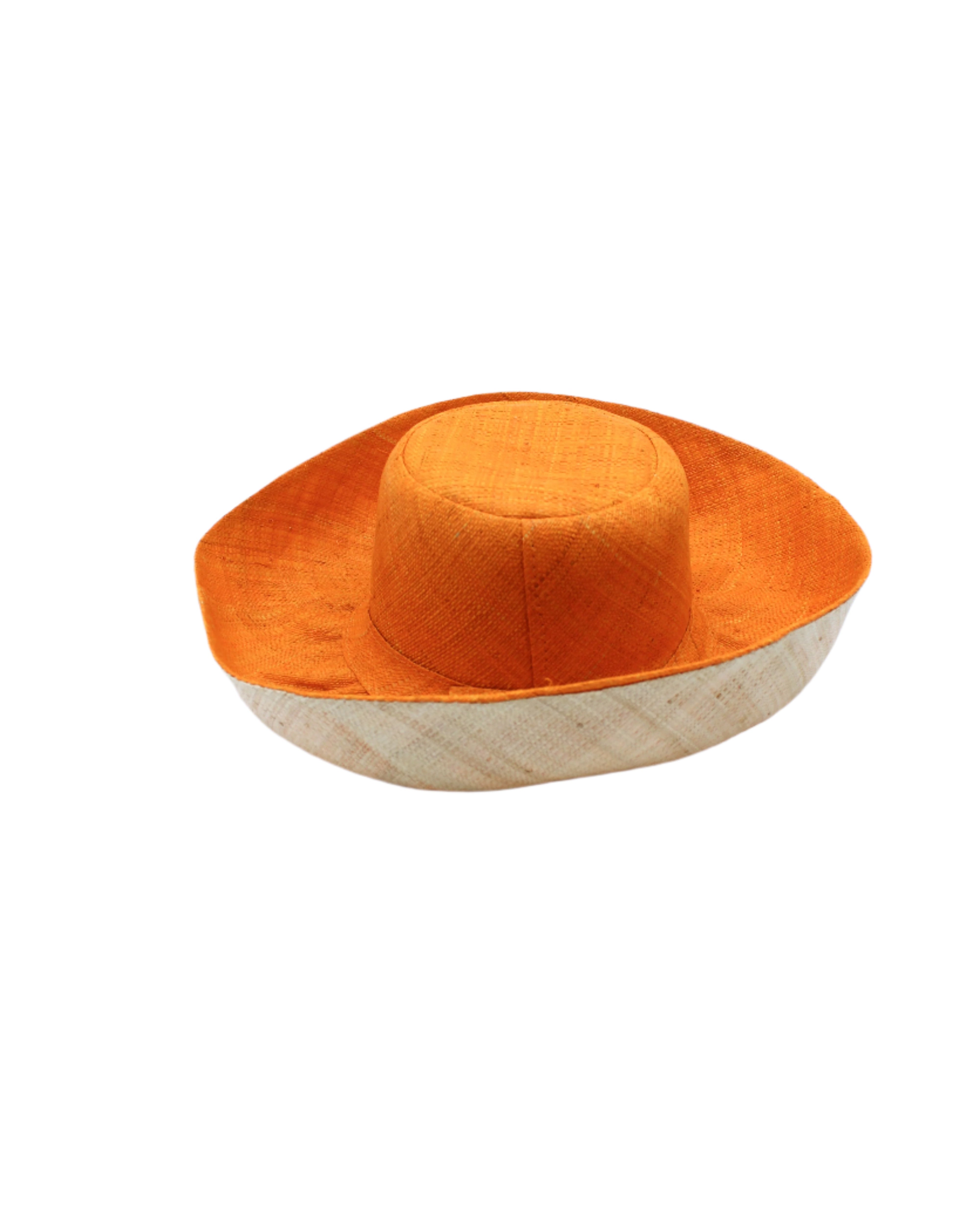 Monica 5" & 7" Brim Two Tone Saffron Straw Hat handmade loomed raffia color block pattern of the top half saffron orange/yellow and the bottom half natural straw color - Shebobo