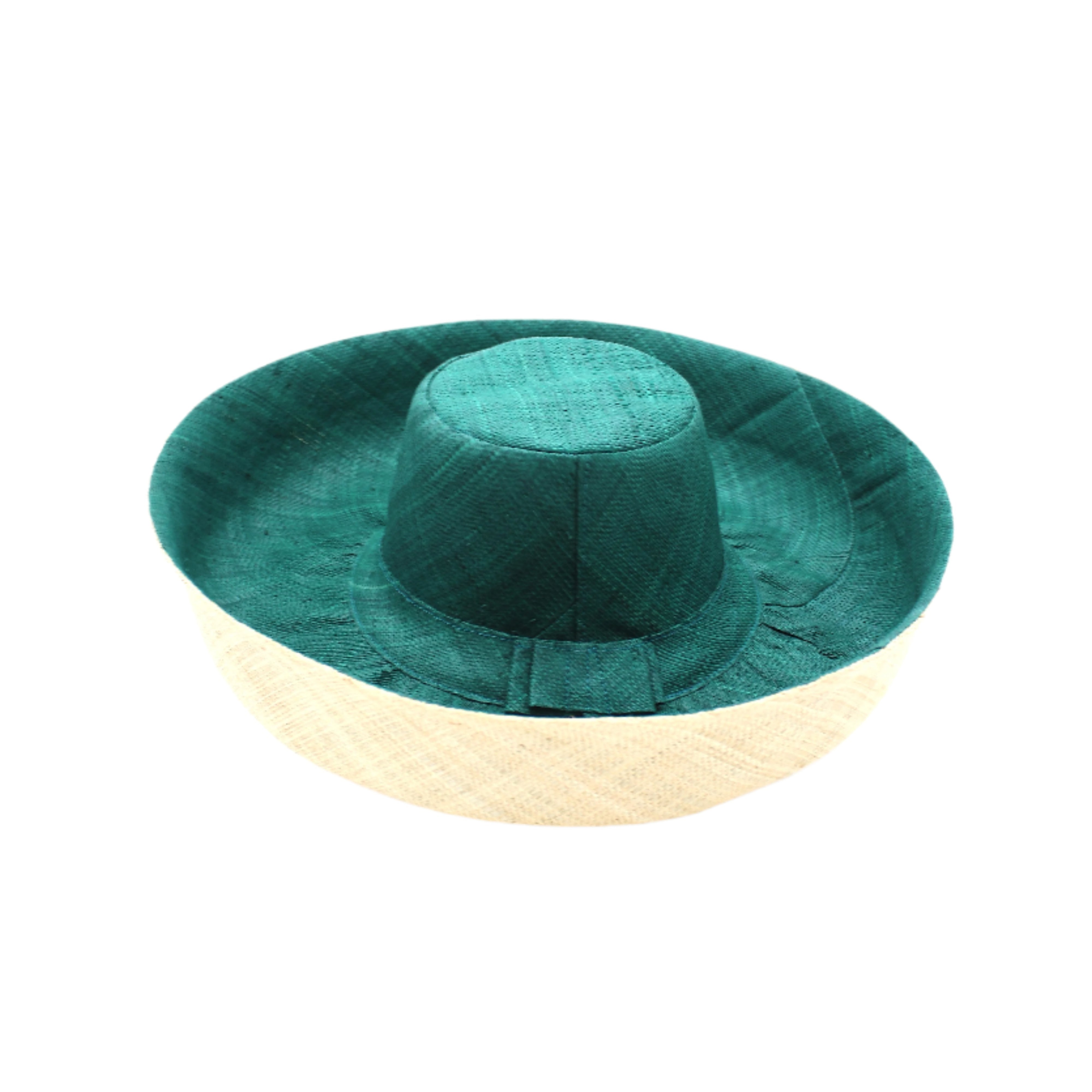 Monica 5" or 7" wide brim handmade teal dark/blue/green top half and natural straw color bottom half two tone loomed raffia sun protection packable lightweight straw hat - Shebobo