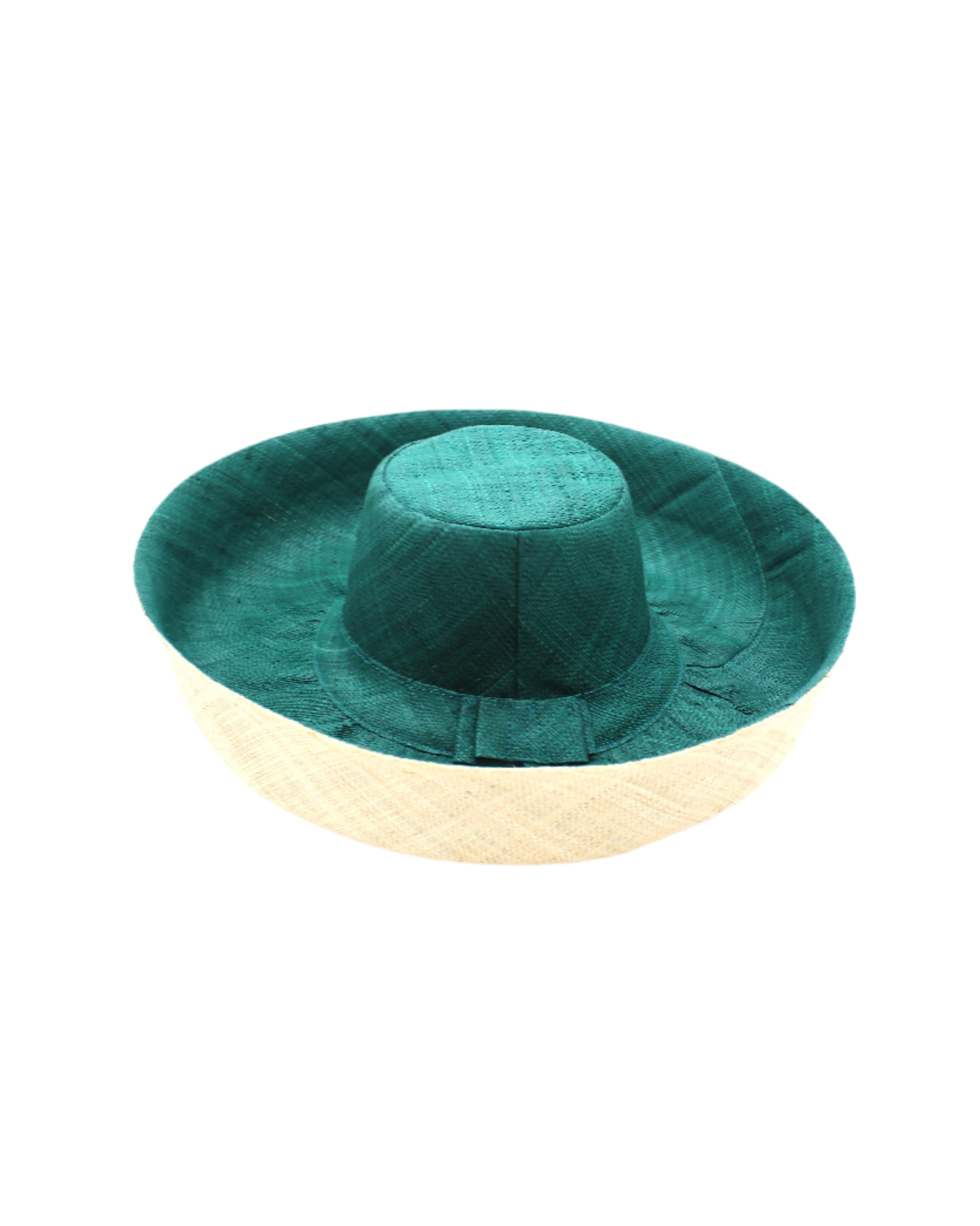 Monica 5" or 7" wide brim handmade teal dark/blue/green top half and natural straw color bottom half two tone loomed raffia sun protection packable lightweight straw hat - Shebobo
