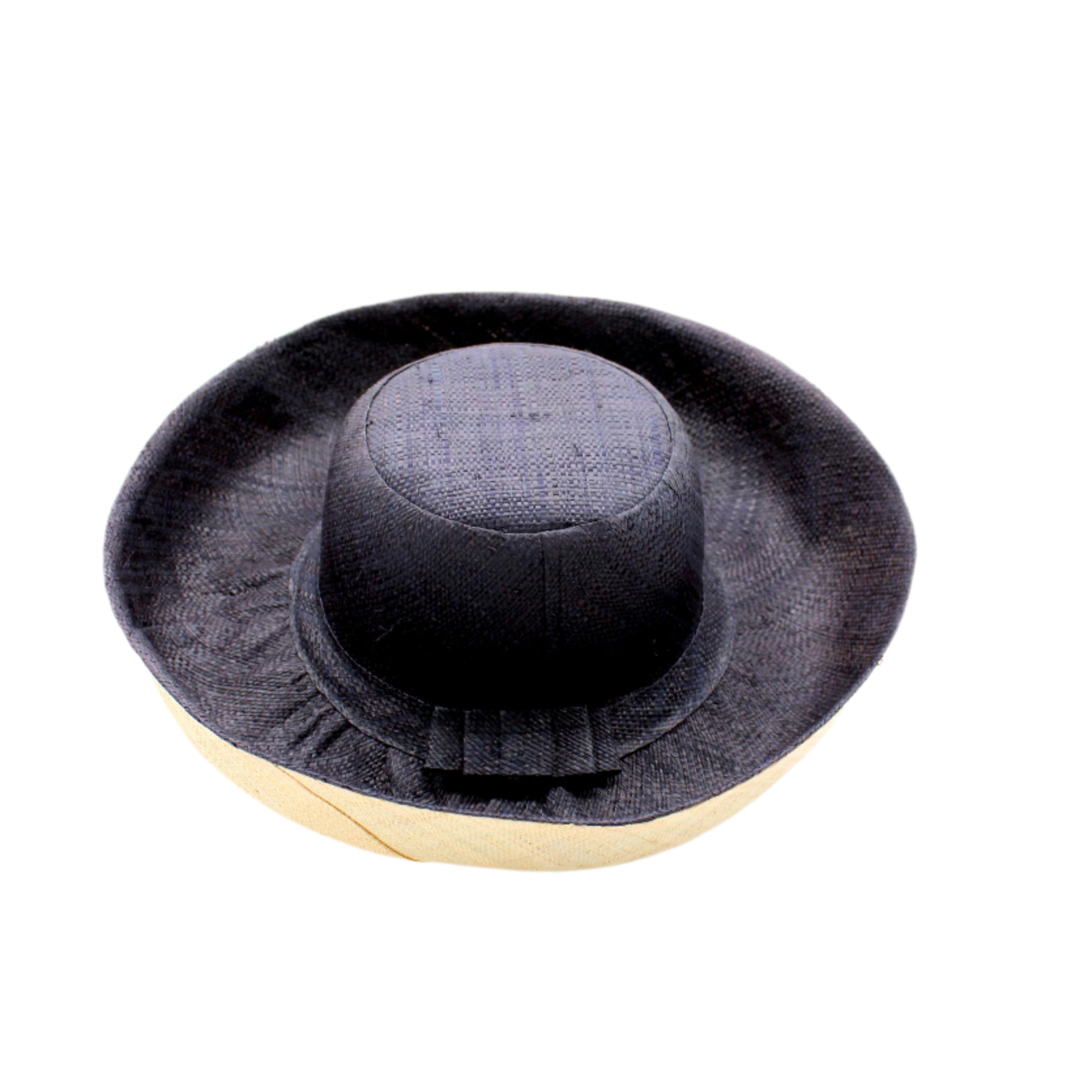 Monica 5" & 7" Wide Brim Two Tone Black Packable Straw Sun Hat handmade loomed raffia color block pattern of the top half black and the bottom half natural straw color - Shebobo