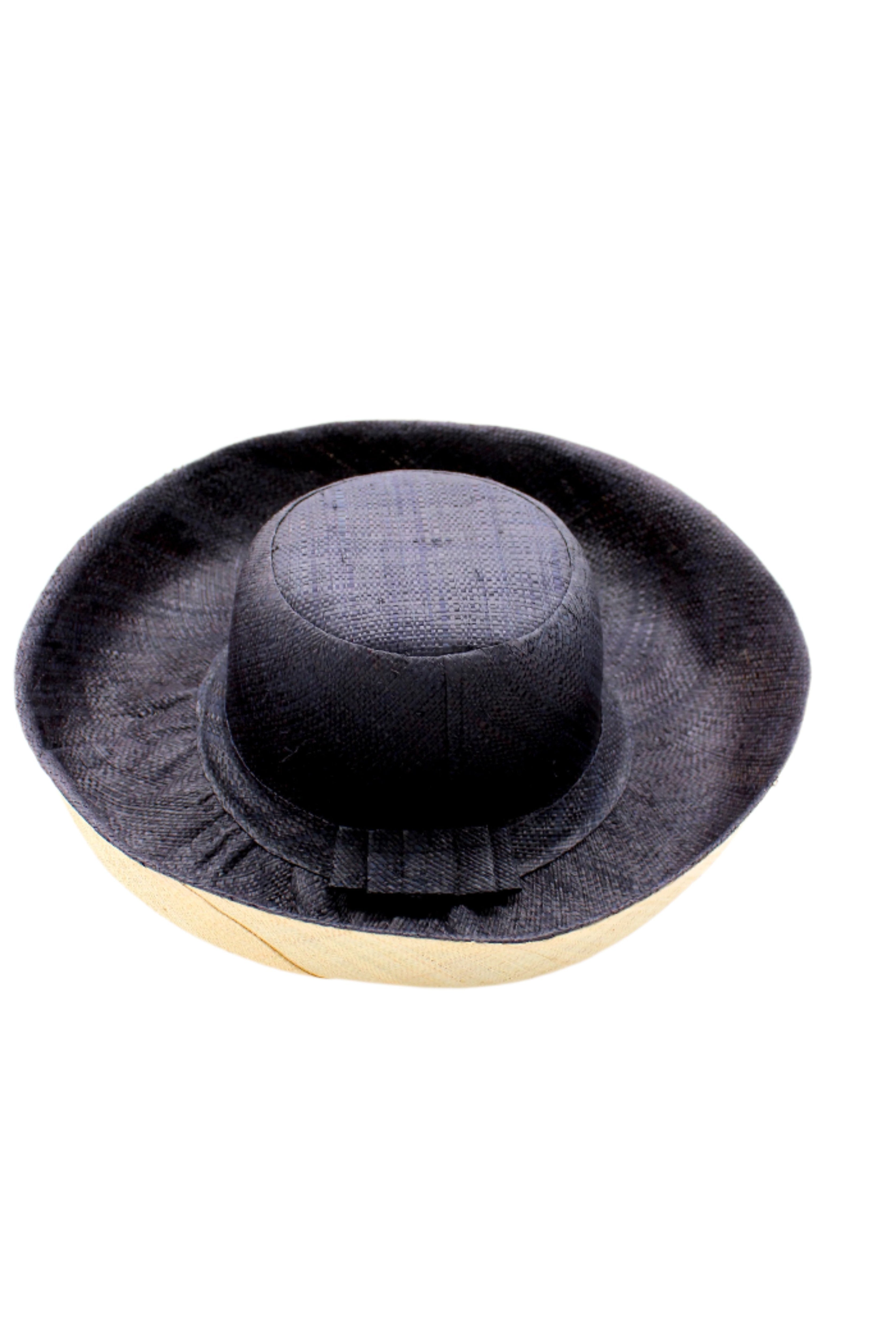 Monica 5" & 7" Wide Brim Two Tone Black Packable Straw Sun Hat handmade loomed raffia color block pattern of the top half black and the bottom half natural straw color - Shebobo