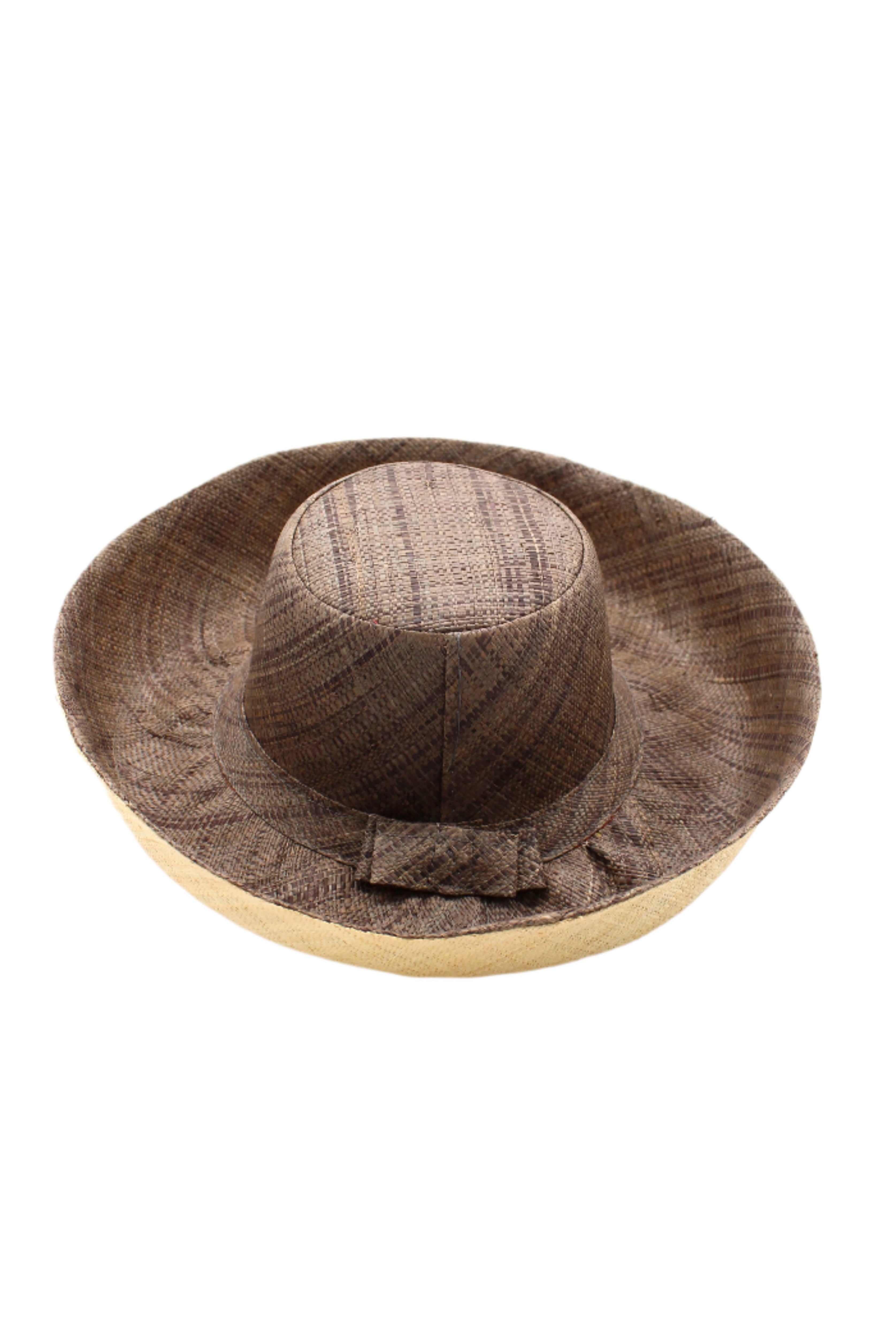 Monica 5" & 7" Wide Brim Two Tone Grey Packable Straw Sun Hat handmade loomed raffia in a color block of the top half of the hat in grey and the bottom half natural straw color - Shebobo