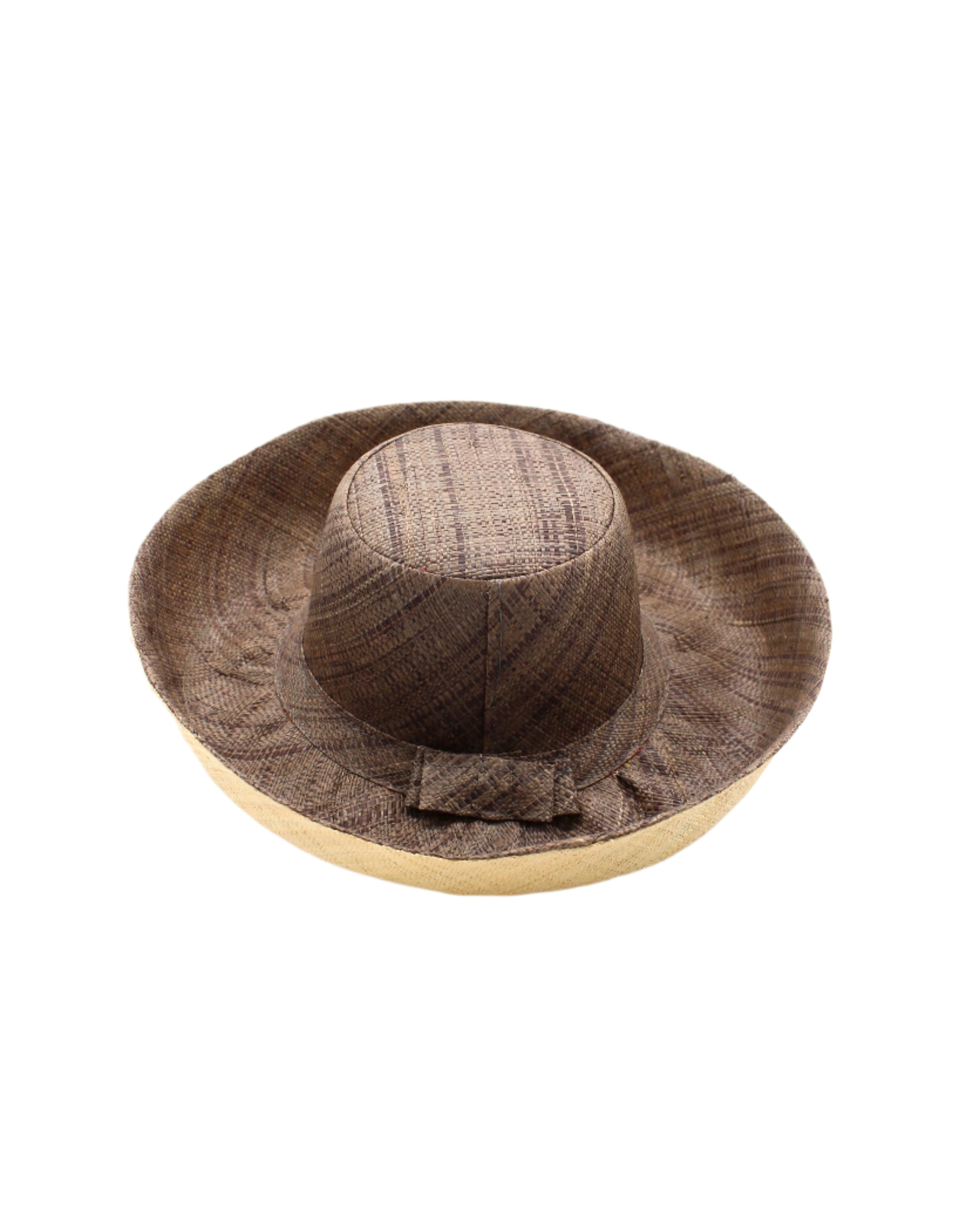 Monica 5" & 7" Wide Brim Two Tone Grey Packable Straw Sun Hat handmade loomed raffia in a color block of the top half of the hat in grey and the bottom half natural straw color - Shebobo