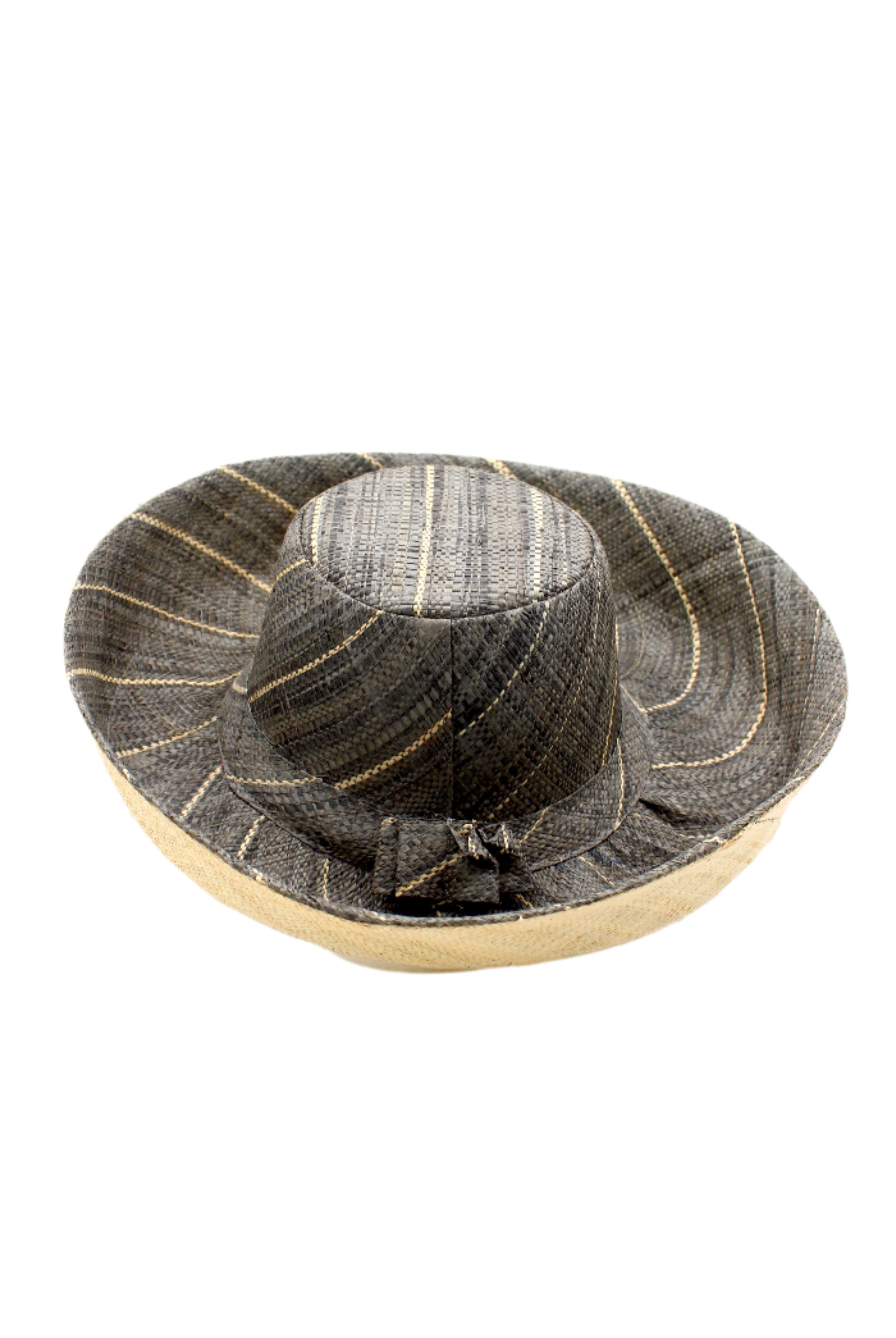 Monica 5" & 7" Wide Brim Two Tone Grey Pinstripes Packable Straw Sun Hat handmade loomed raffia color block pattern with the top half wide bands of grey with narrow bands of natural straw color creating a pinstripe swirl and the bottom half natural straw color - Shebobo