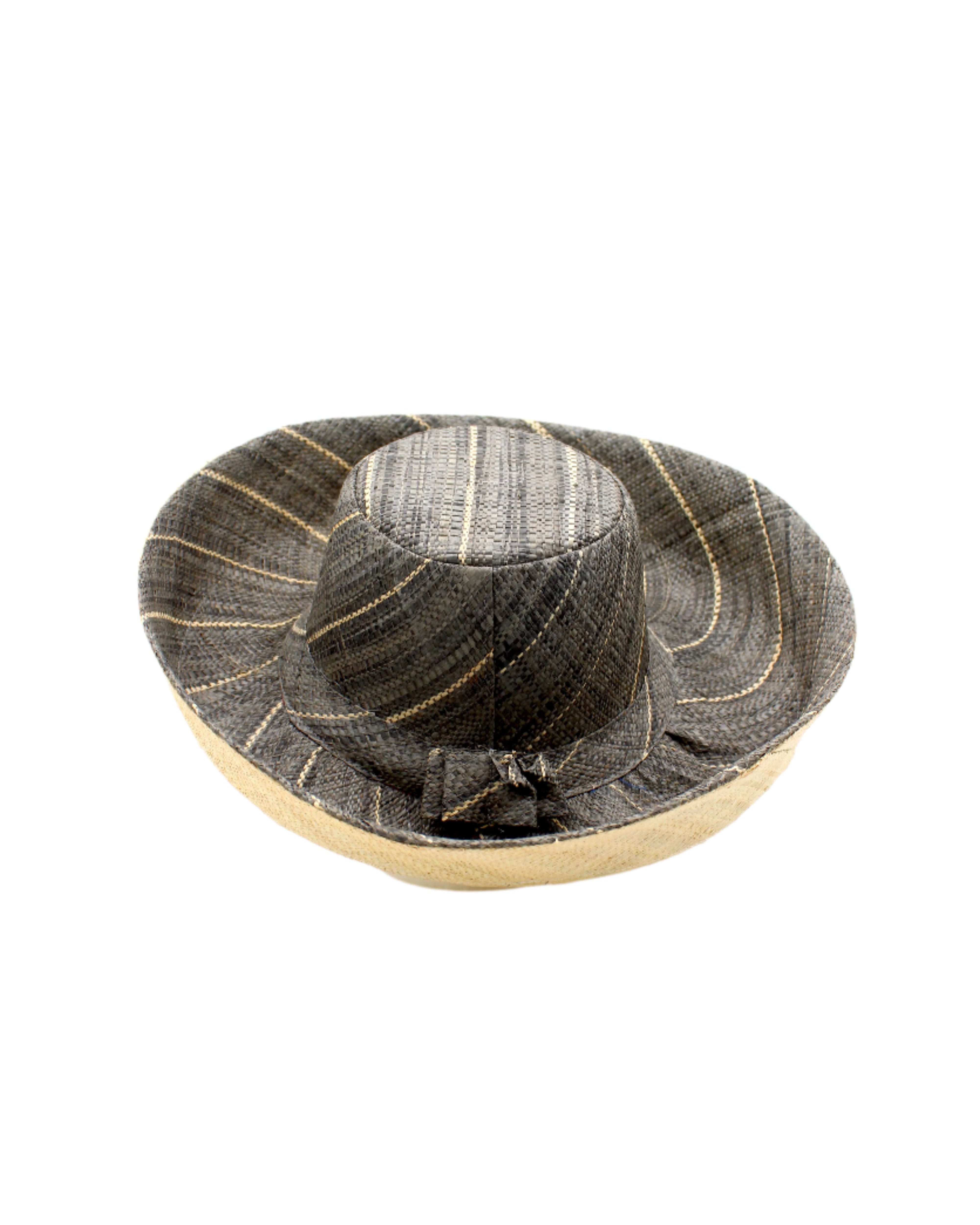 Monica 5" & 7" Wide Brim Two Tone Grey Pinstripes Packable Straw Sun Hat handmade loomed raffia color block pattern with the top half wide bands of grey with narrow bands of natural straw color creating a pinstripe swirl and the bottom half natural straw color - Shebobo