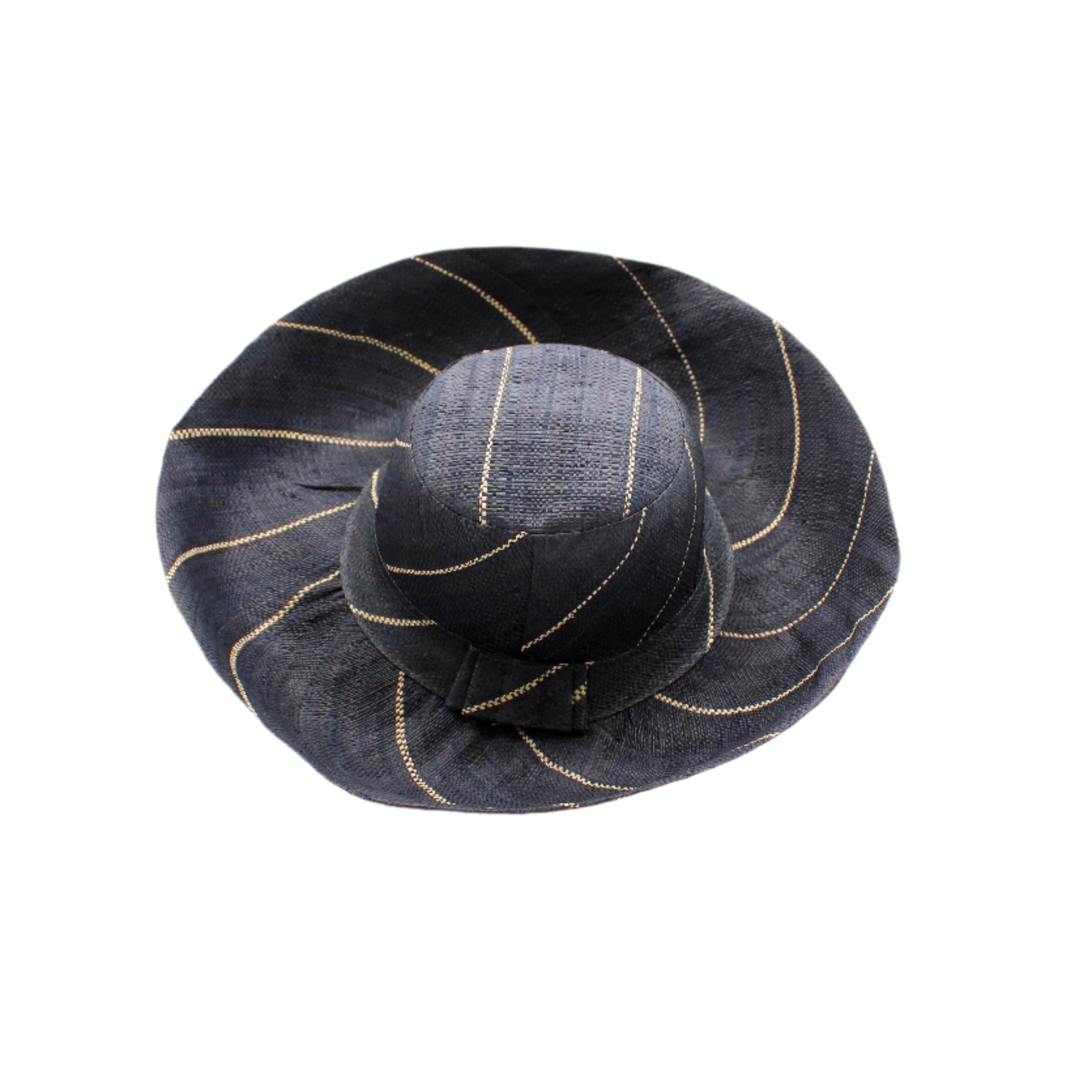Monica 5" or 7" Wide Brim Black Pinstripes Packable Straw Sun Hat handmade loomed raffia in wide bands of black with narrow bands of natural straw color create a striped swirl pattern - Shebobo