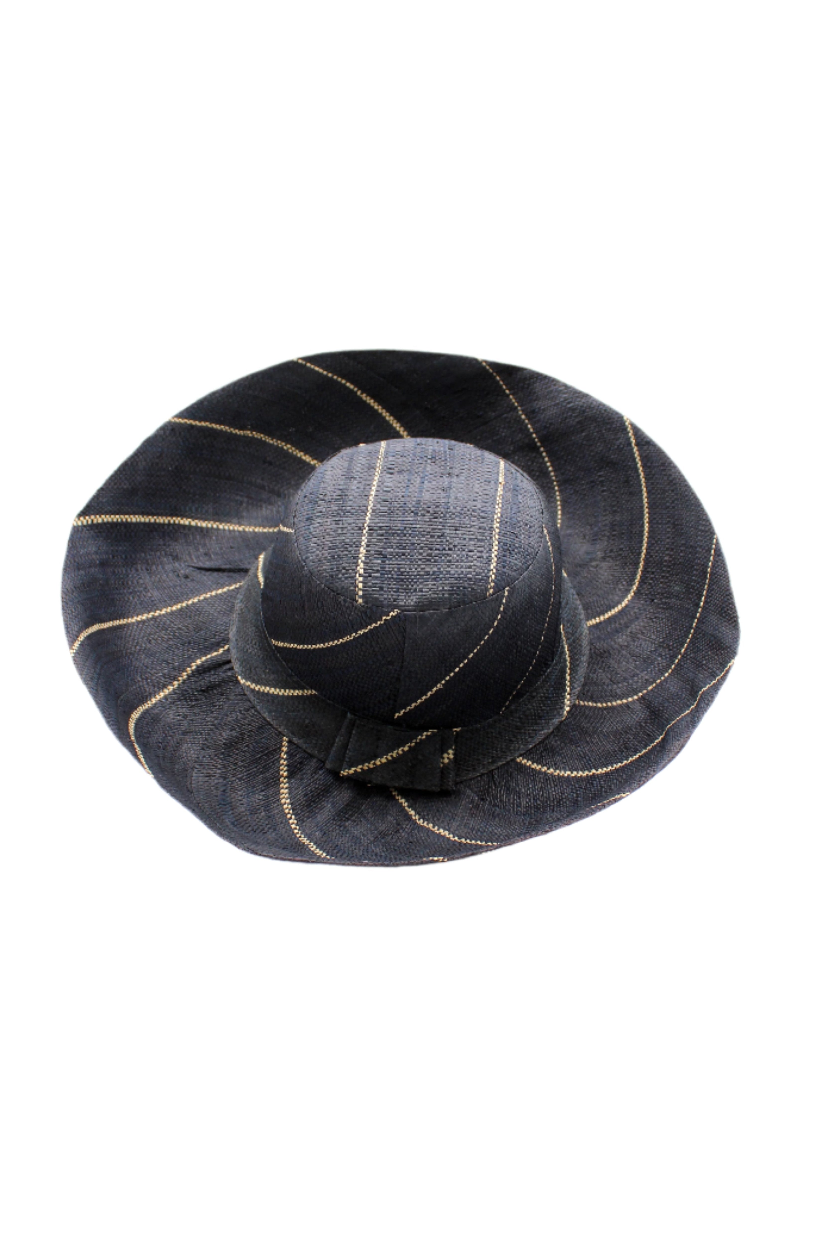 Monica 5" or 7" Wide Brim Black Pinstripes Packable Straw Sun Hat handmade loomed raffia in wide bands of black with narrow bands of natural straw color create a striped swirl pattern - Shebobo