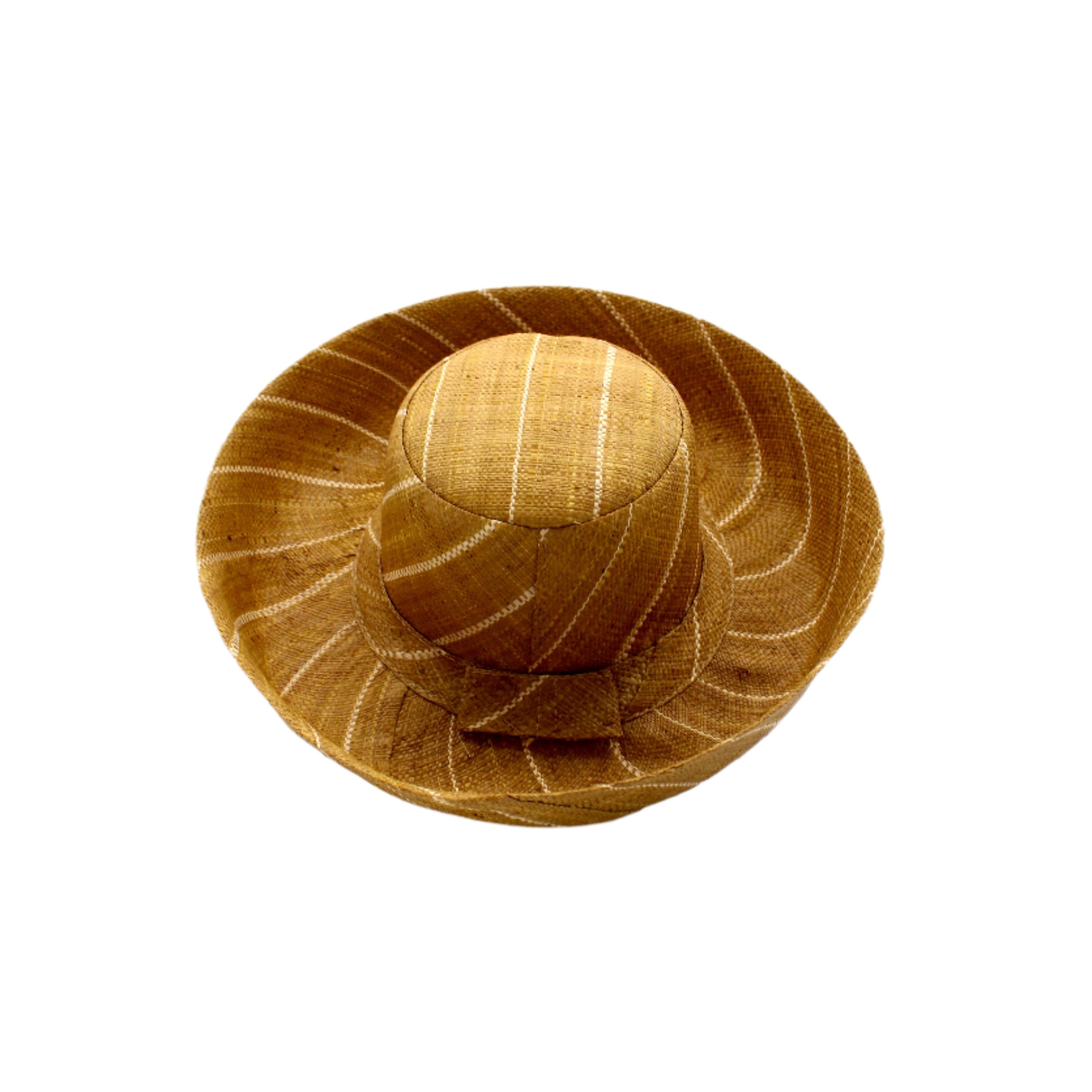 Monica 5" & 7" Wide Brim Cinnamon Pinstripes Packable Straw Sun Hat handmade loomed raffia in wide bands of cinnamon/tobacco/brown with narrow bands of natural straw color create a striped swirl pattern - Shebobo