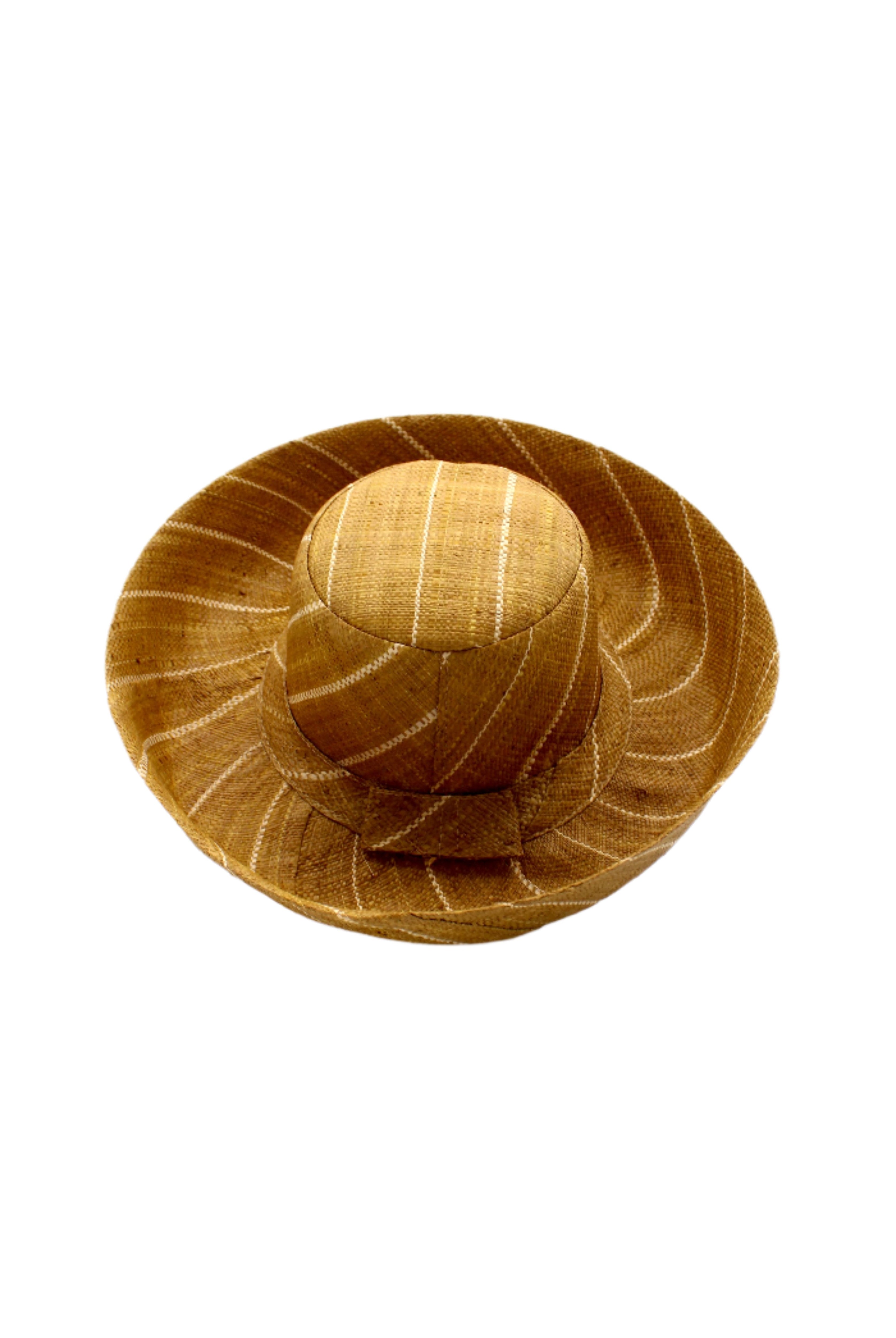 Monica 5" & 7" Wide Brim Cinnamon Pinstripes Packable Straw Sun Hat handmade loomed raffia in wide bands of cinnamon/tobacco/brown with narrow bands of natural straw color create a striped swirl pattern - Shebobo