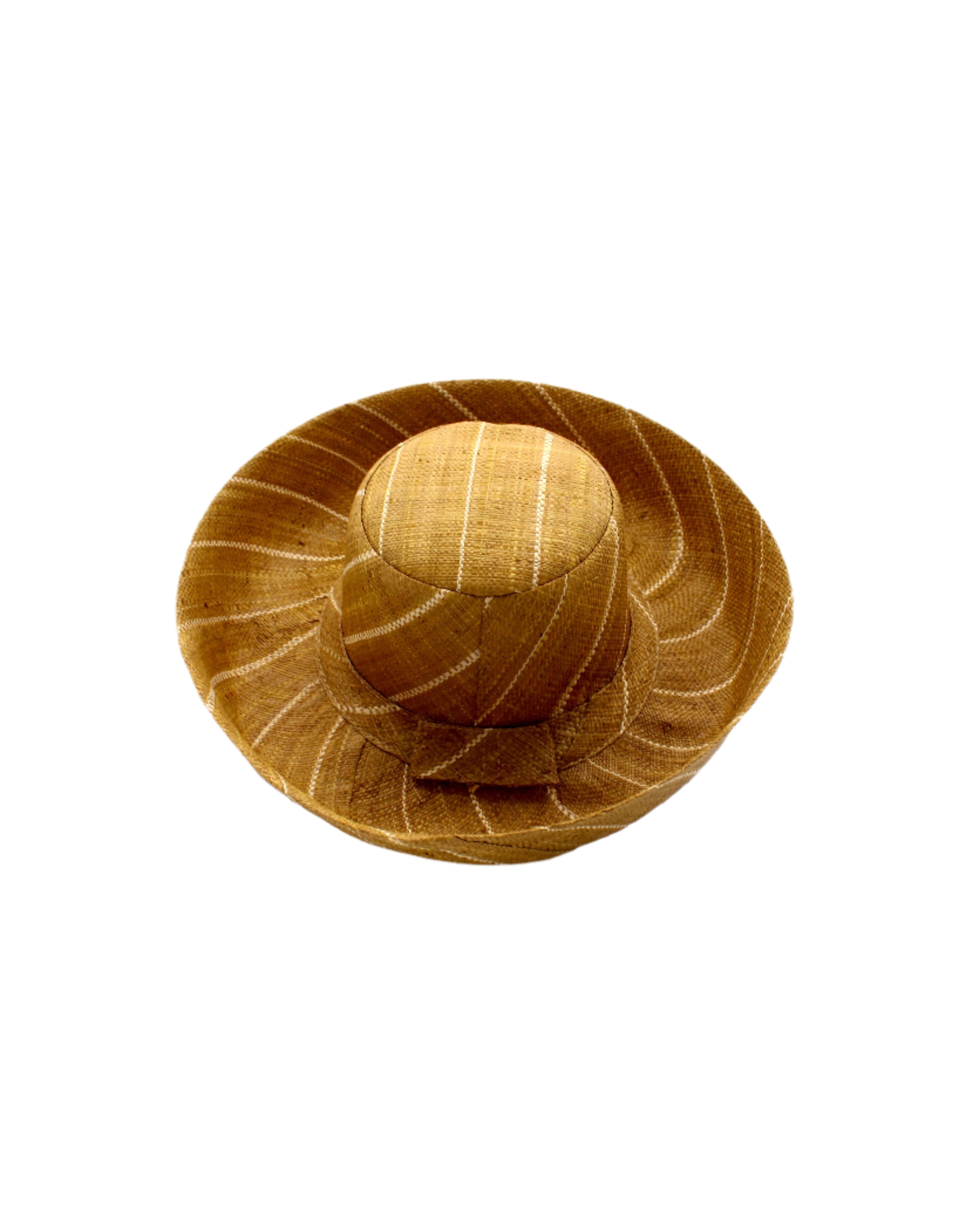 Monica 5" & 7" Wide Brim Cinnamon Pinstripes Packable Straw Sun Hat handmade loomed raffia in wide bands of cinnamon/tobacco/brown with narrow bands of natural straw color create a striped swirl pattern - Shebobo