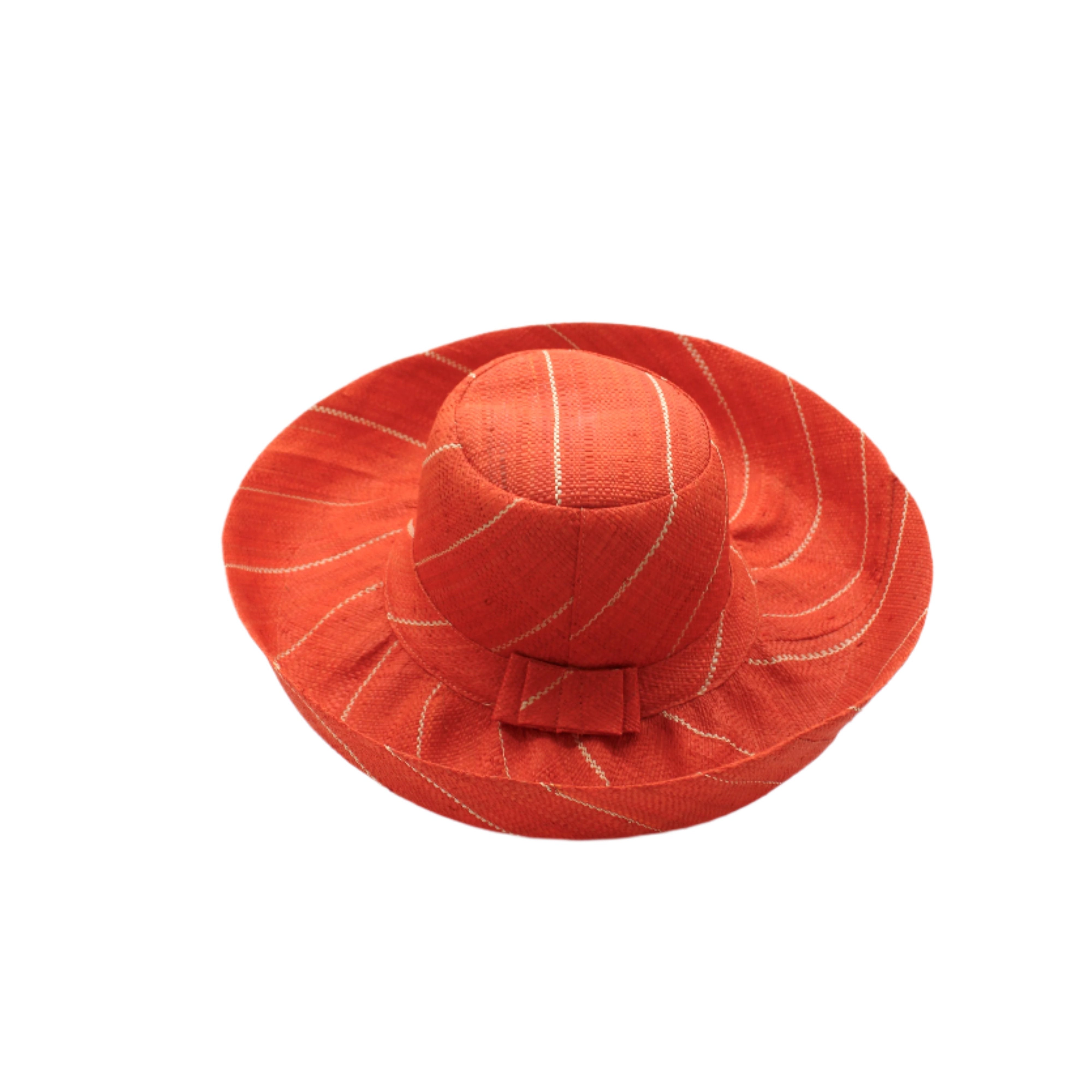 Monica 5" & 7" Wide Brim Coral Pinstripes Packable Straw Sun Hat handmade loomed raffia in wide stripes of coral red/orange with narrow stripes of natural creating a swirl pattern - Shebobo