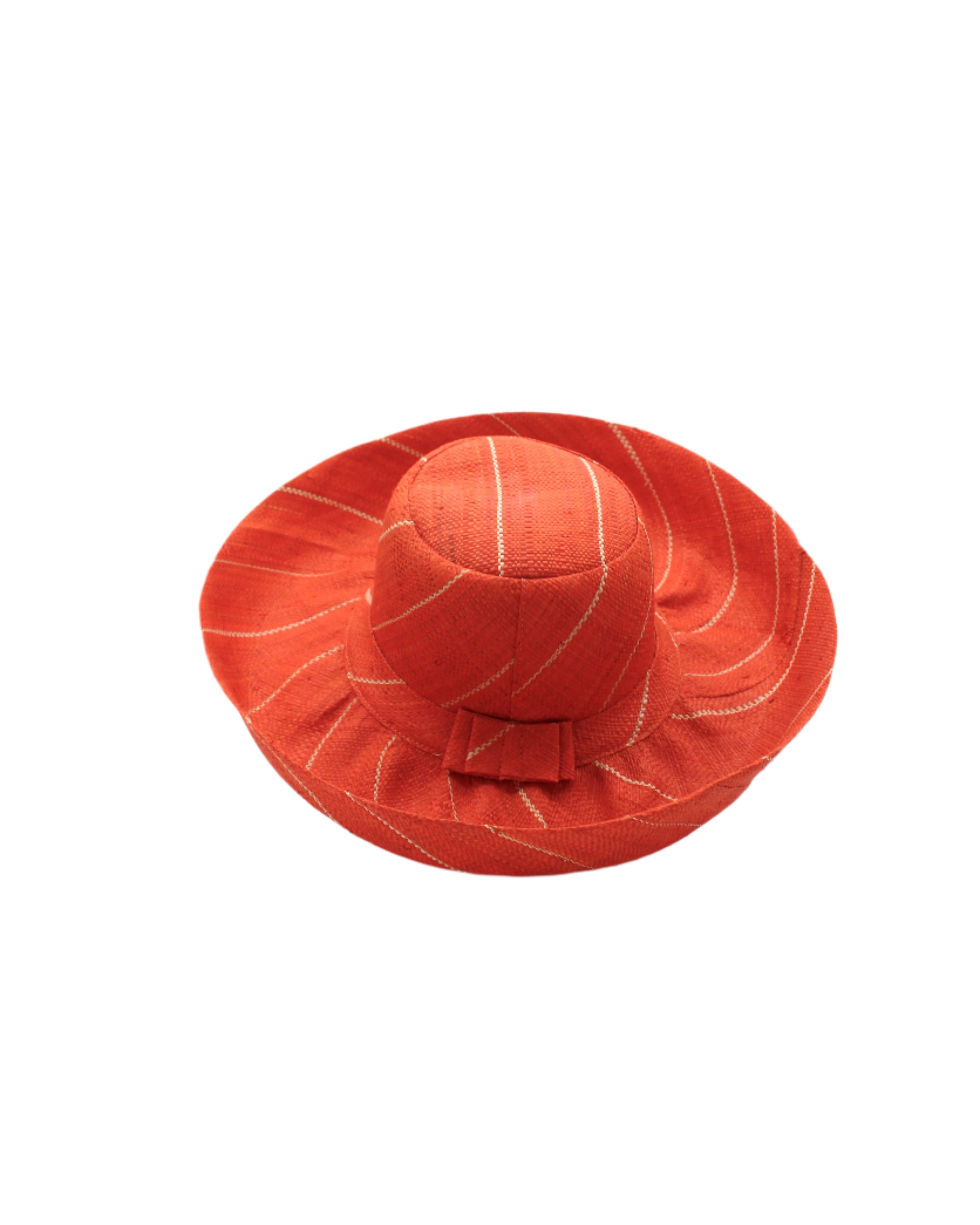Monica 5" & 7" Wide Brim Coral Pinstripes Packable Straw Sun Hat handmade loomed raffia in wide stripes of coral red/orange with narrow stripes of natural creating a swirl pattern - Shebobo