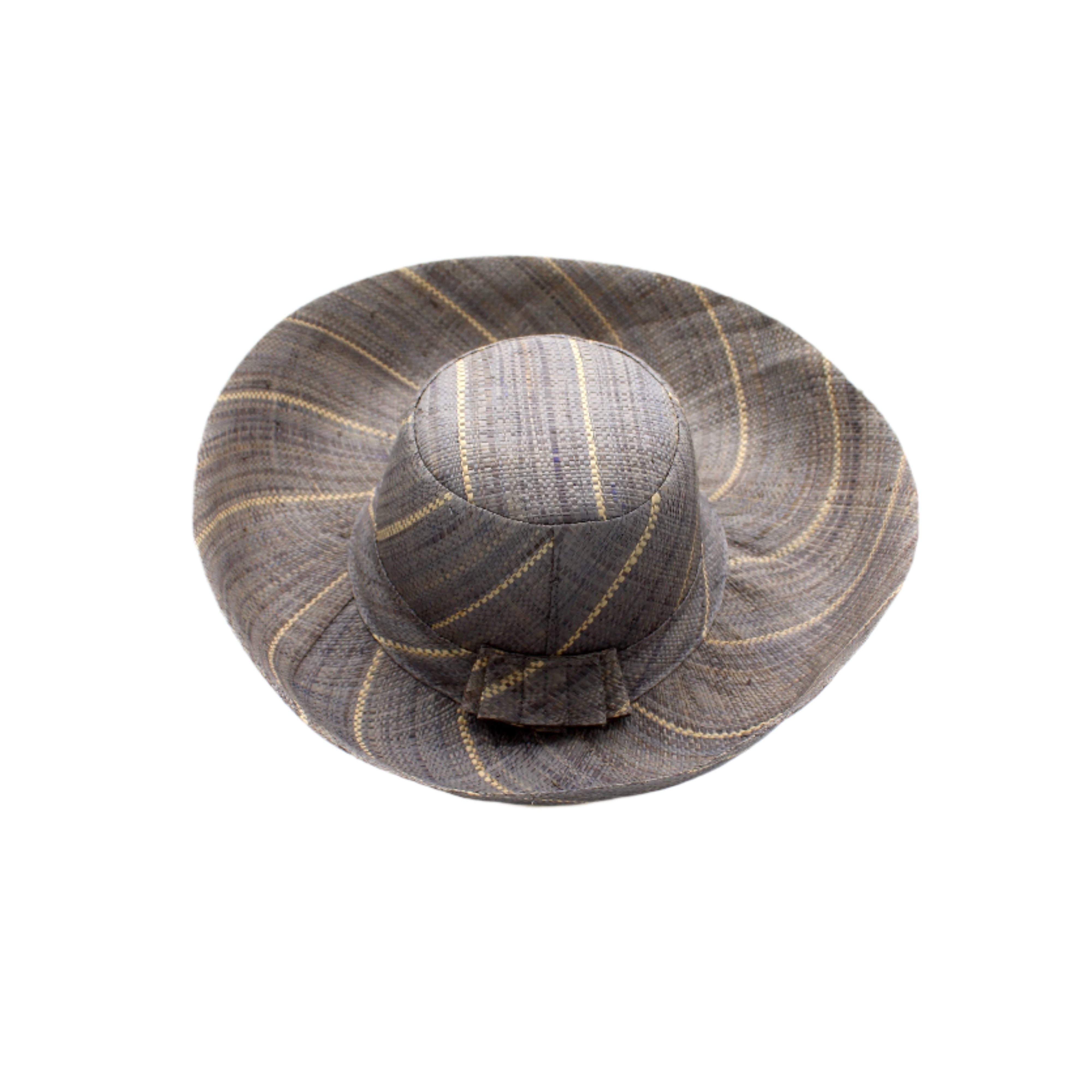 Monica 5" or 7" Wide Brim Grey Pinstripes Packable Straw Sun Hat handmade loomed raffia in wide bands of grey with narrow bands of natural straw color create a striped swirl pattern - Shebobo