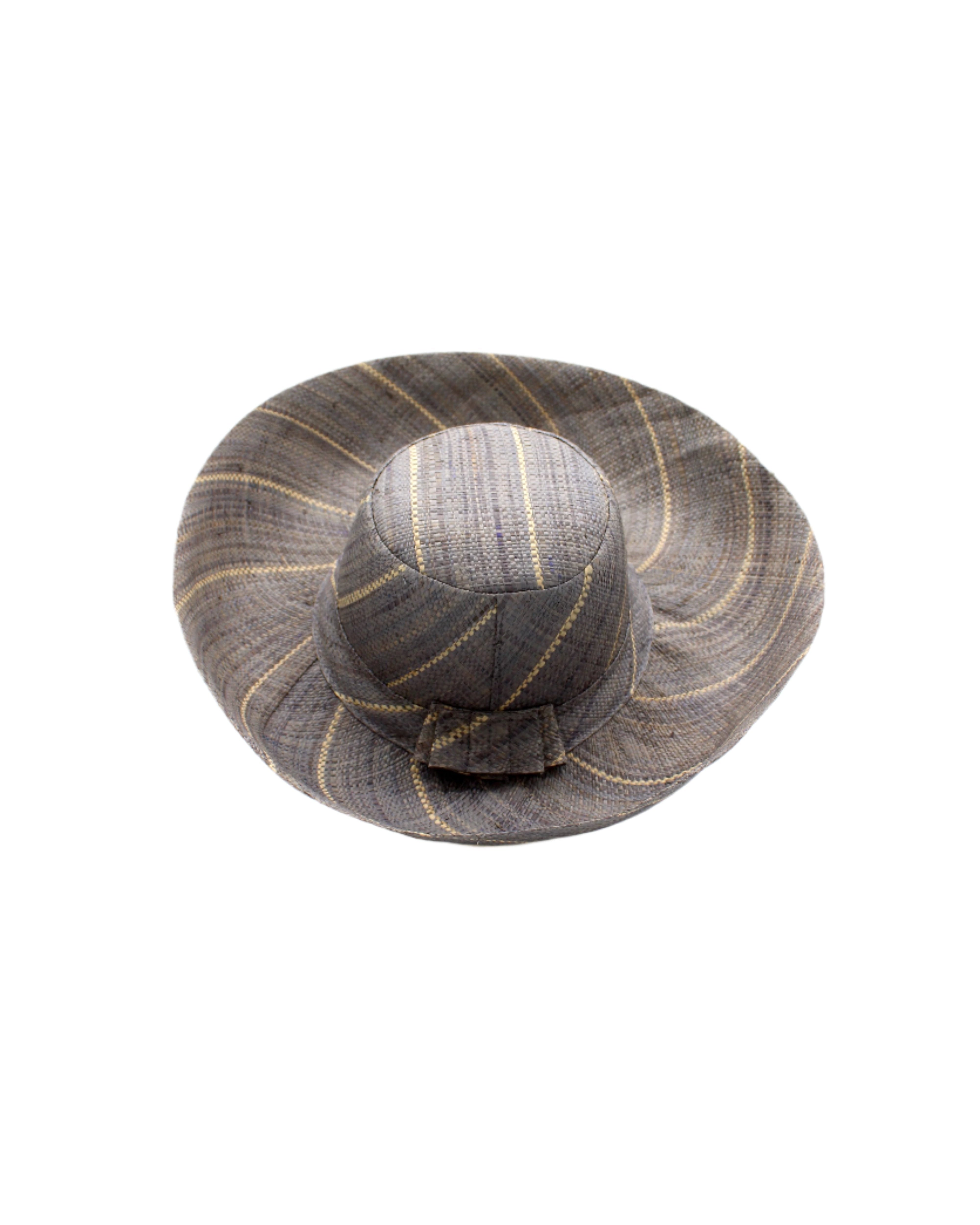 Monica 5" or 7" Wide Brim Grey Pinstripes Packable Straw Sun Hat handmade loomed raffia in wide bands of grey with narrow bands of natural straw color create a striped swirl pattern - Shebobo
