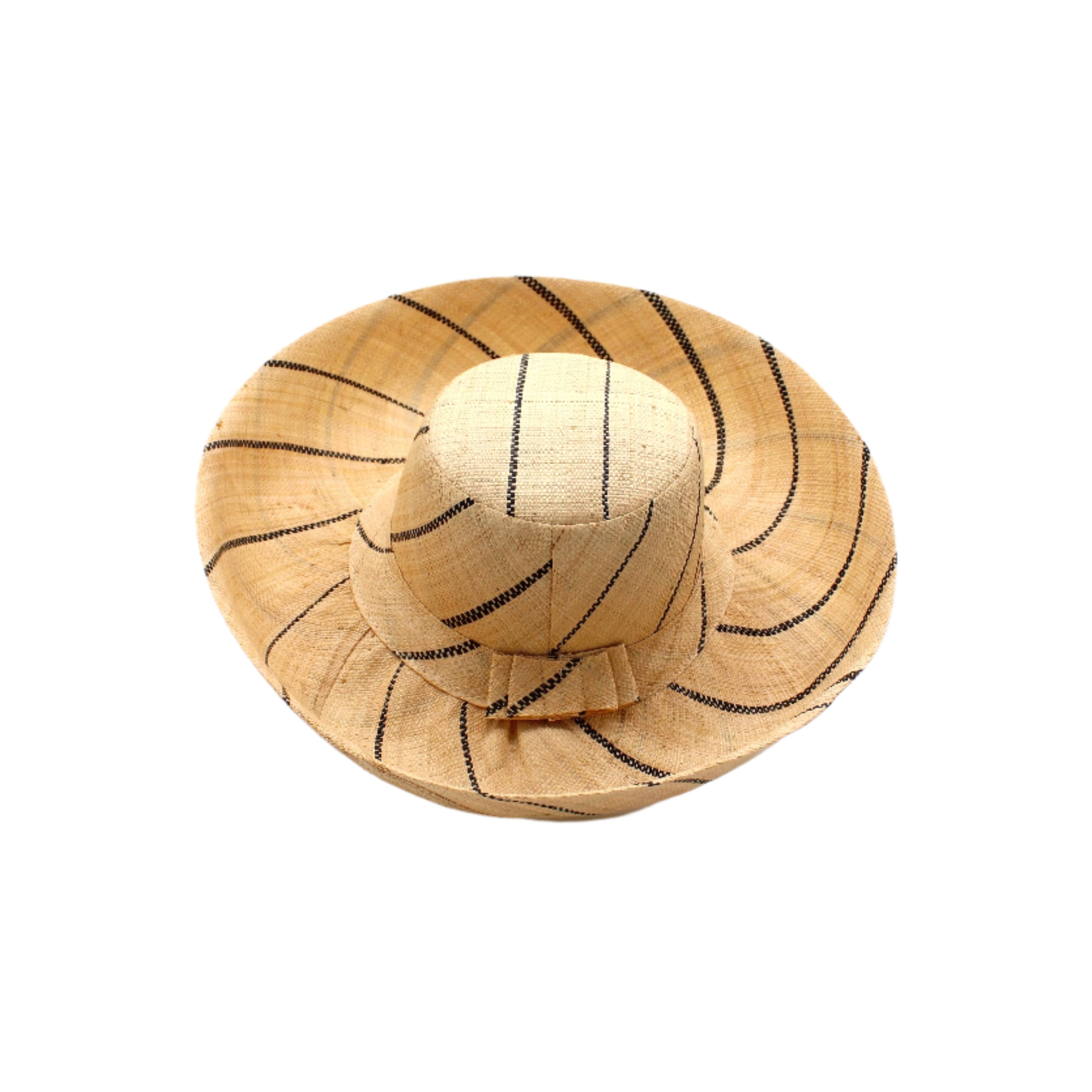 Monica 5" or 7" wide brim natural and black pinstripes packable raffia straw hat handmade loomed raffia in wide bands of natural straw color with black narrow bands create a stripe swirl pattern - Shebobo