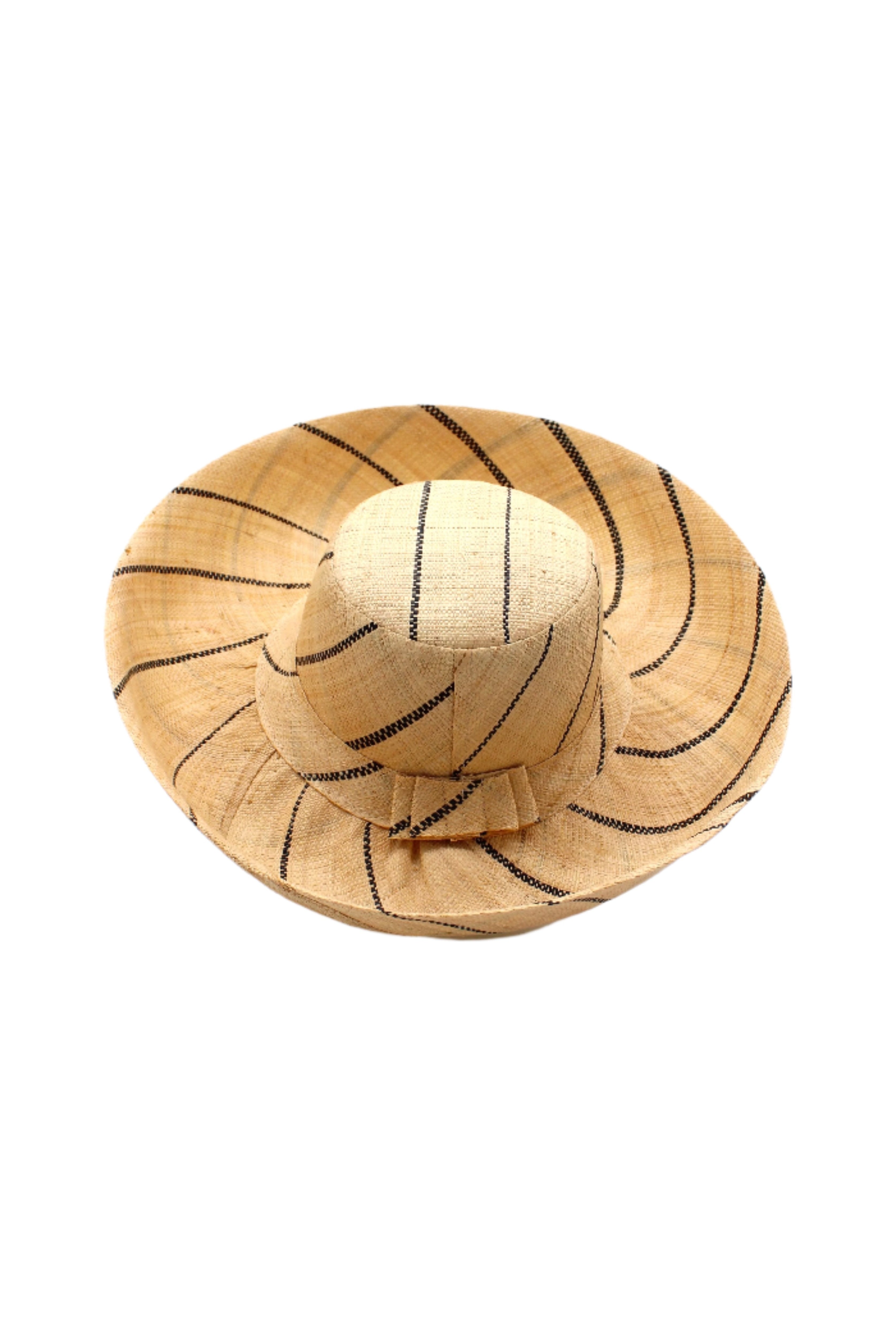 Monica 5" or 7" wide brim natural and black pinstripes packable raffia straw hat handmade loomed raffia in wide bands of natural straw color with black narrow bands create a stripe swirl pattern - Shebobo