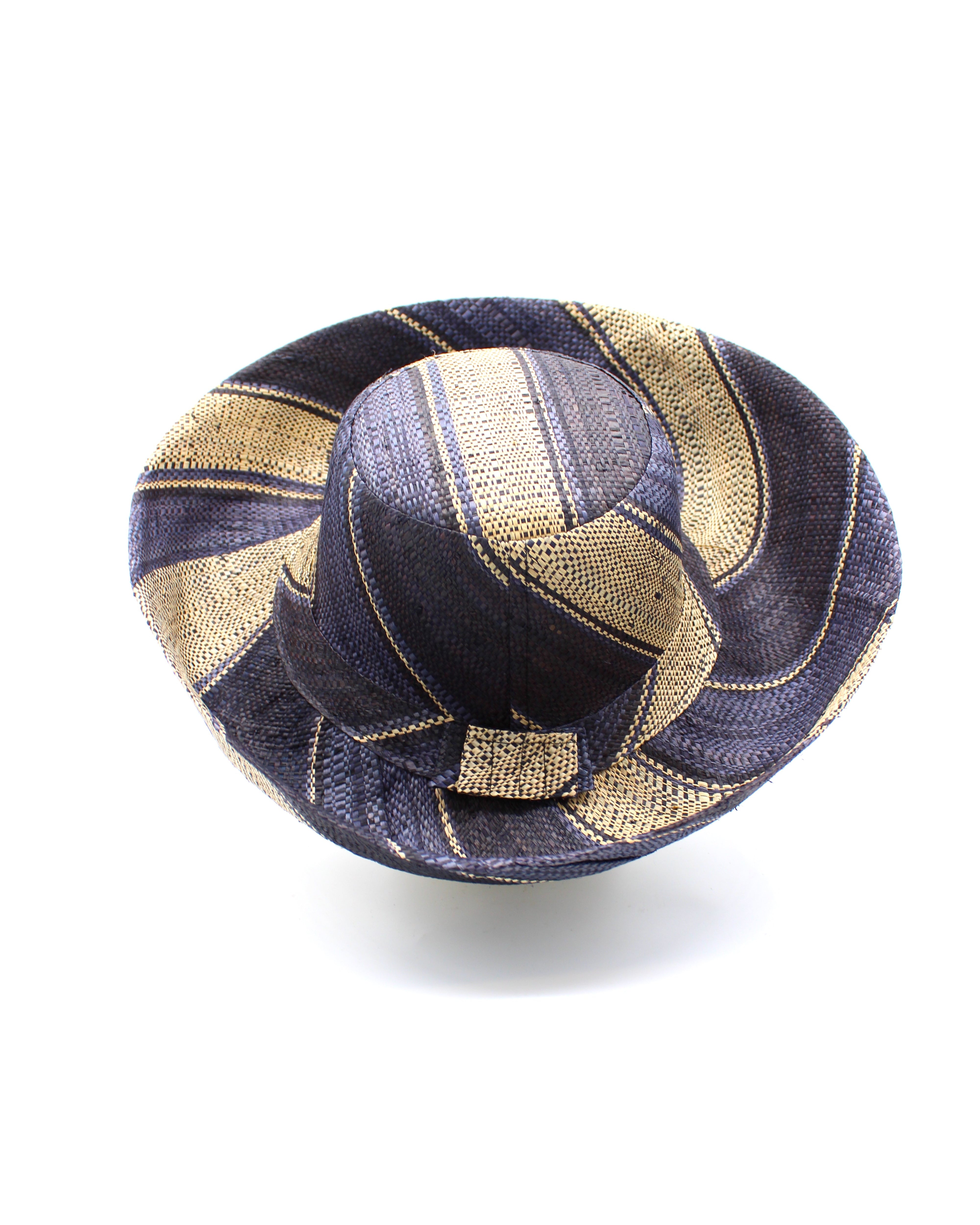 Monica 5" & 7" Wide Brim Black Swirl Multicolor Stripe Pattern Packable Straw Sun Hat handmade loomed raffia in multi width bands of black, grey, and natural straw color create a striped swirl pattern - Shebobo