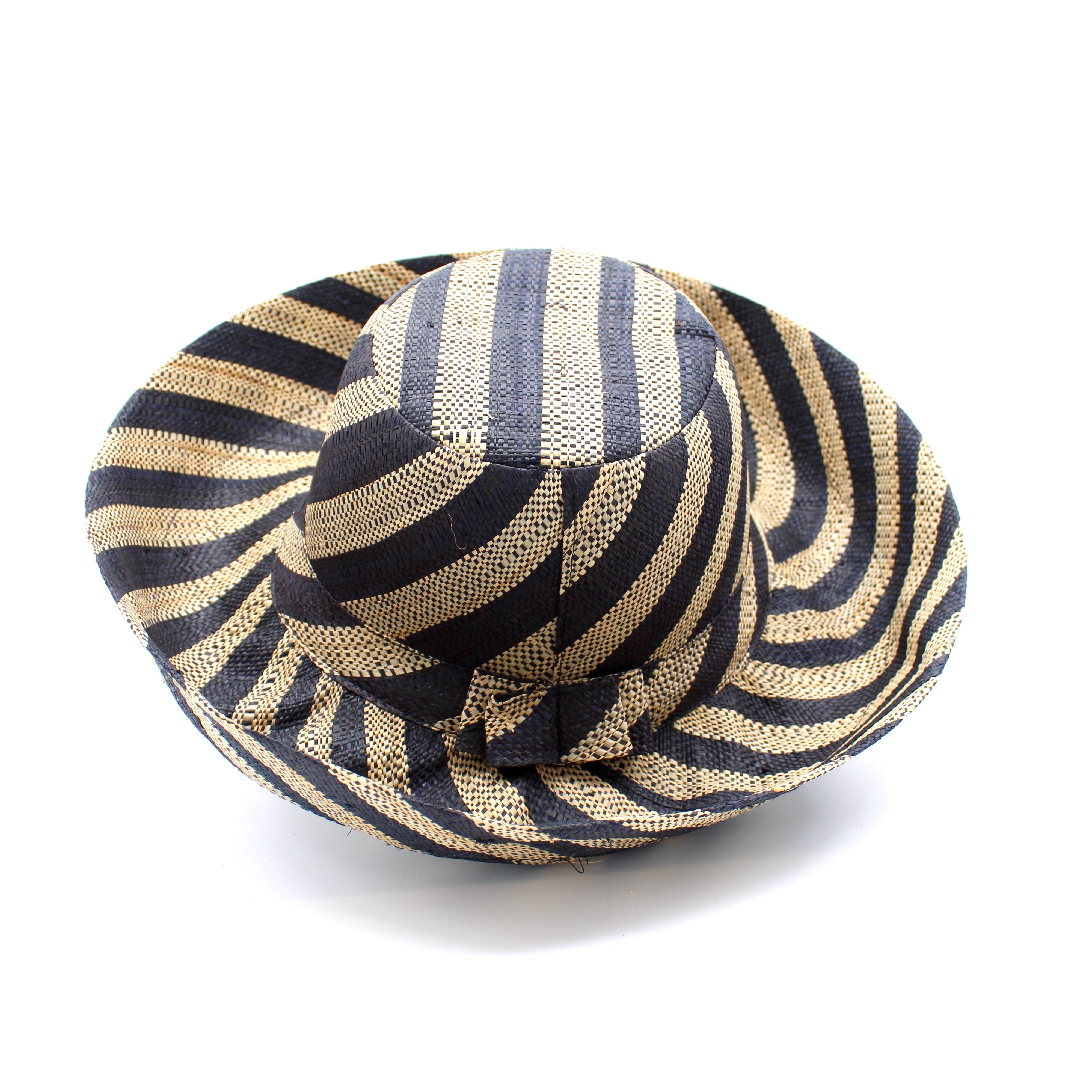 Monica 5" & 7" Wide Brim Black and Natural Stripe Multicolor Stripe Pattern Packable Straw Sun Hat handmade loomed raffia in bands of black and natural straw color create a striped swirl pattern - Shebobo