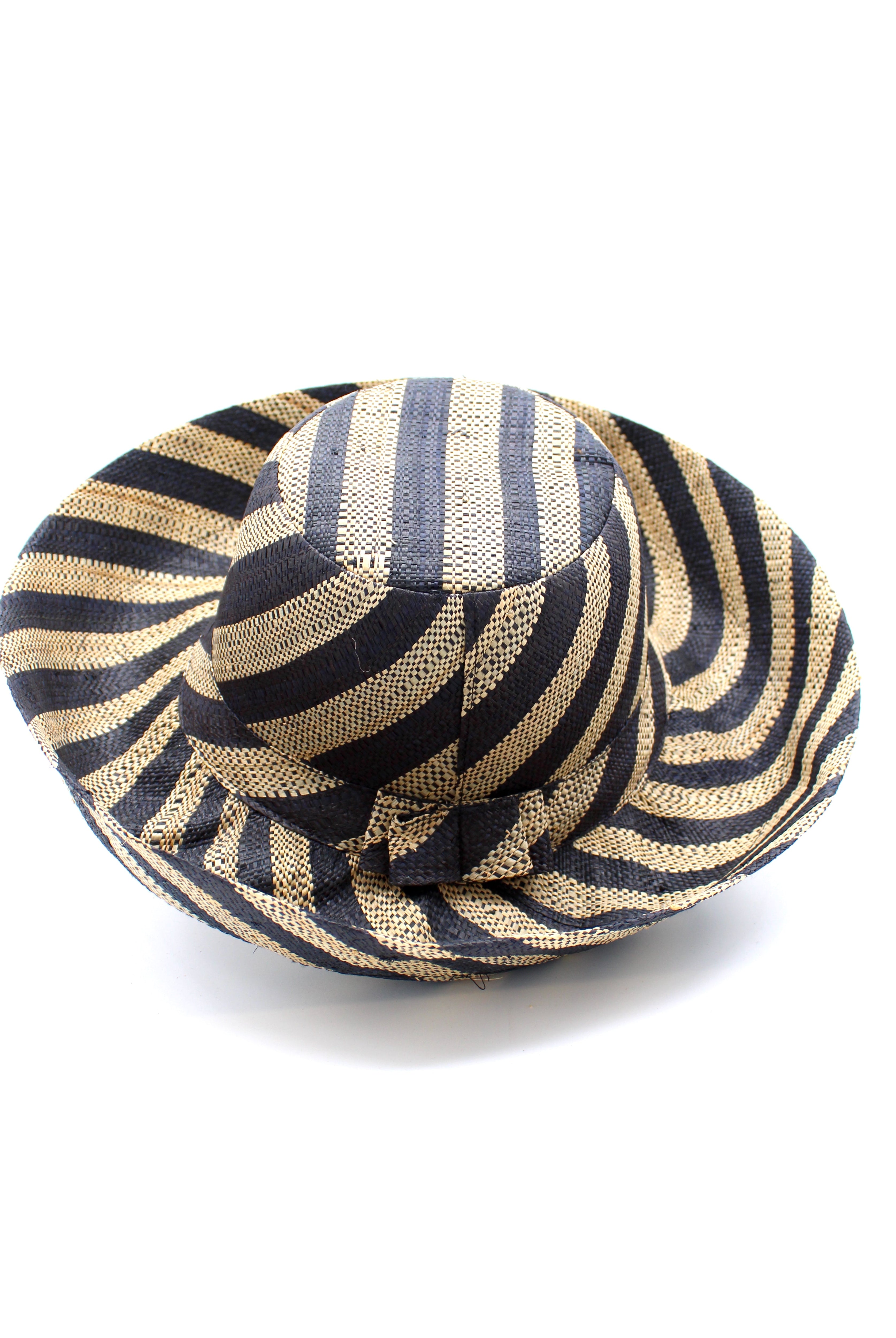 Monica 5" & 7" Wide Brim Black and Natural Stripe Multicolor Stripe Pattern Packable Straw Sun Hat handmade loomed raffia in bands of black and natural straw color create a striped swirl pattern - Shebobo