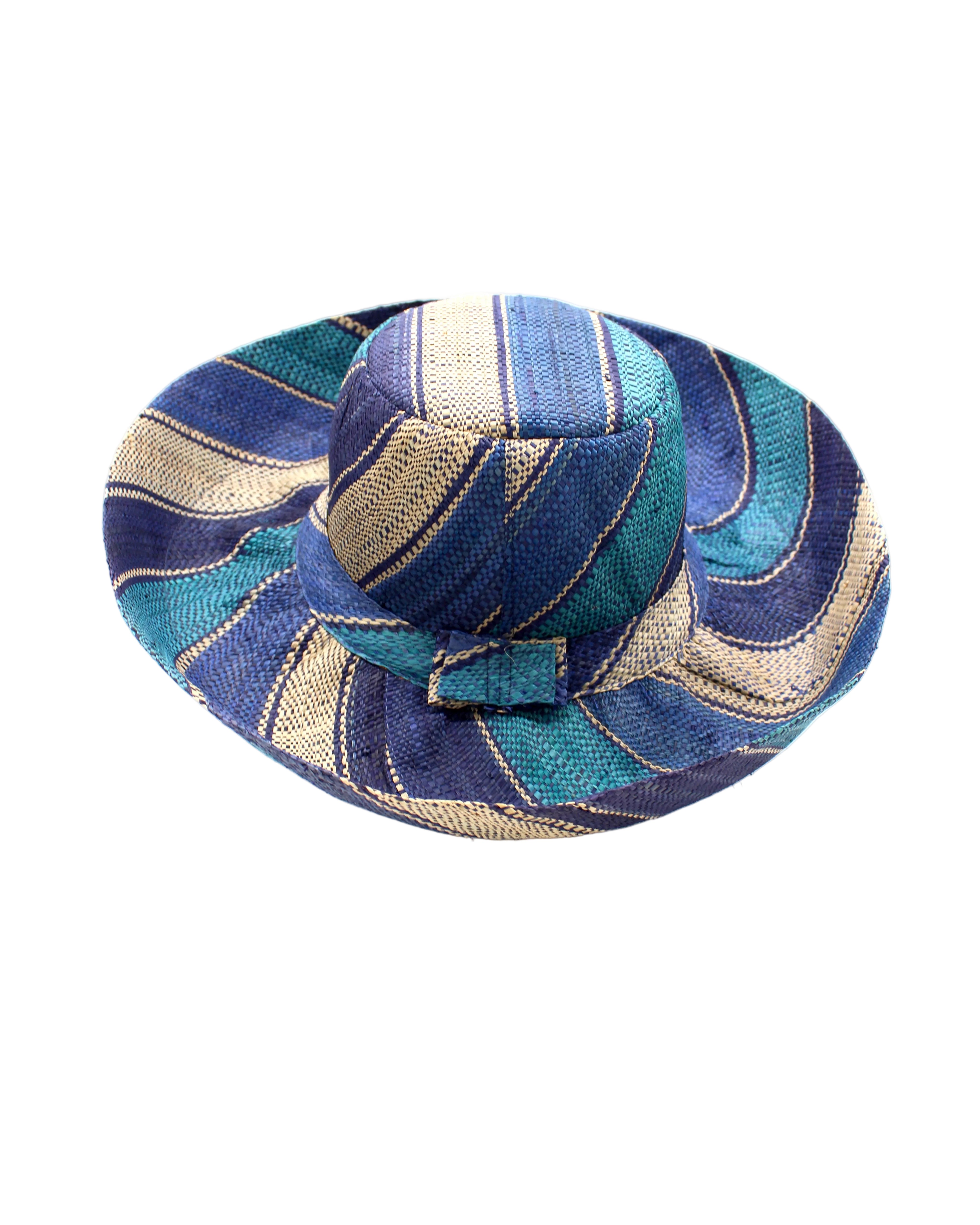 Monica 5" & 7" Wide Brim Blue Swirl Multicolor Stripe Pattern Packable Straw Sun Hat handmade loomed raffia in multi width bands of navy blue, turquoise blue, and natural straw color create a striped swirl pattern - Shebobo