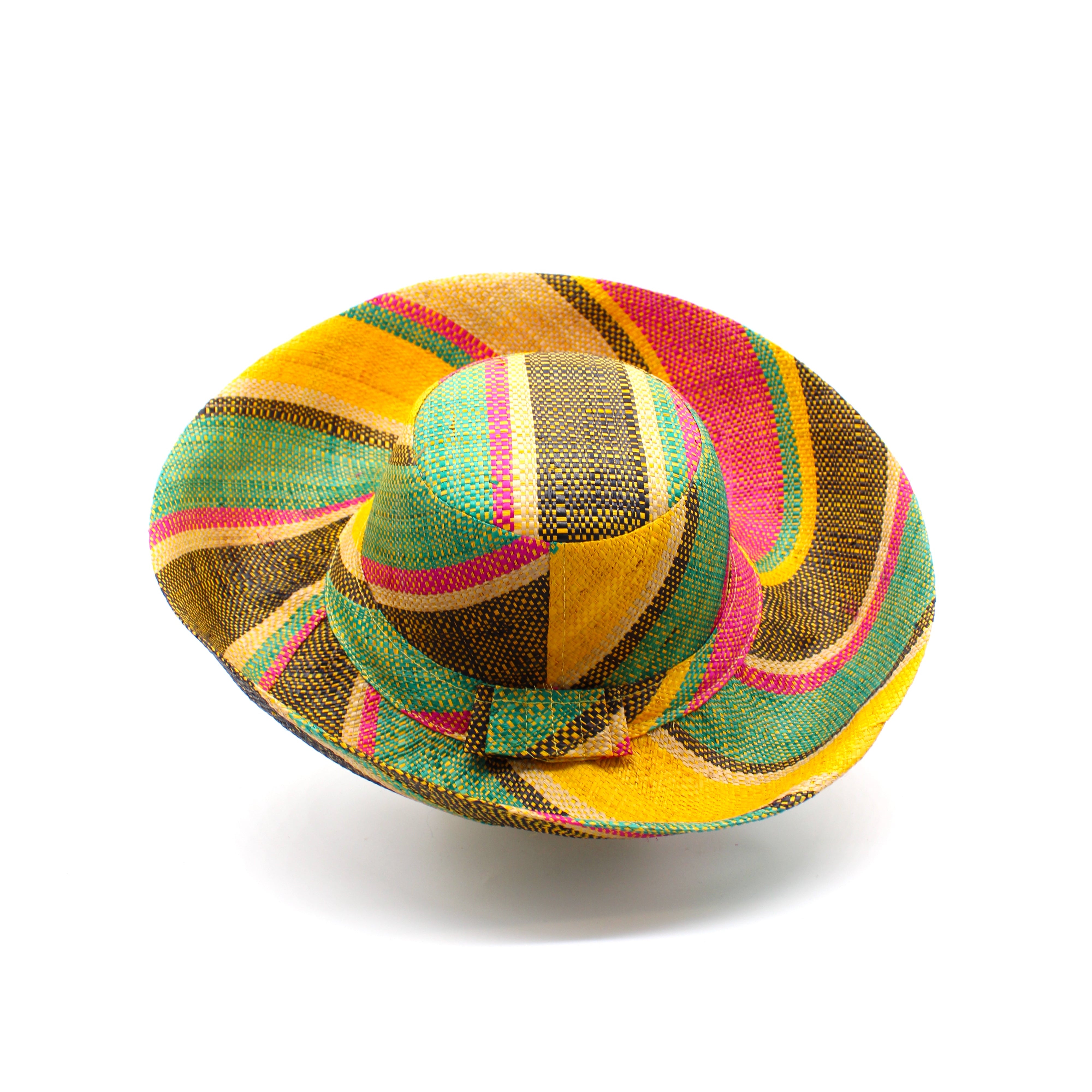Monica 5" & 7" Wide Brim Carmalita Multicolor Stripes Packable Straw Sun Hat Handmade loomed raffia in multi width bands of saffron yellow, fuchsia pink, turquoise blue, black, and natural create a swirl pattern - Shebobo