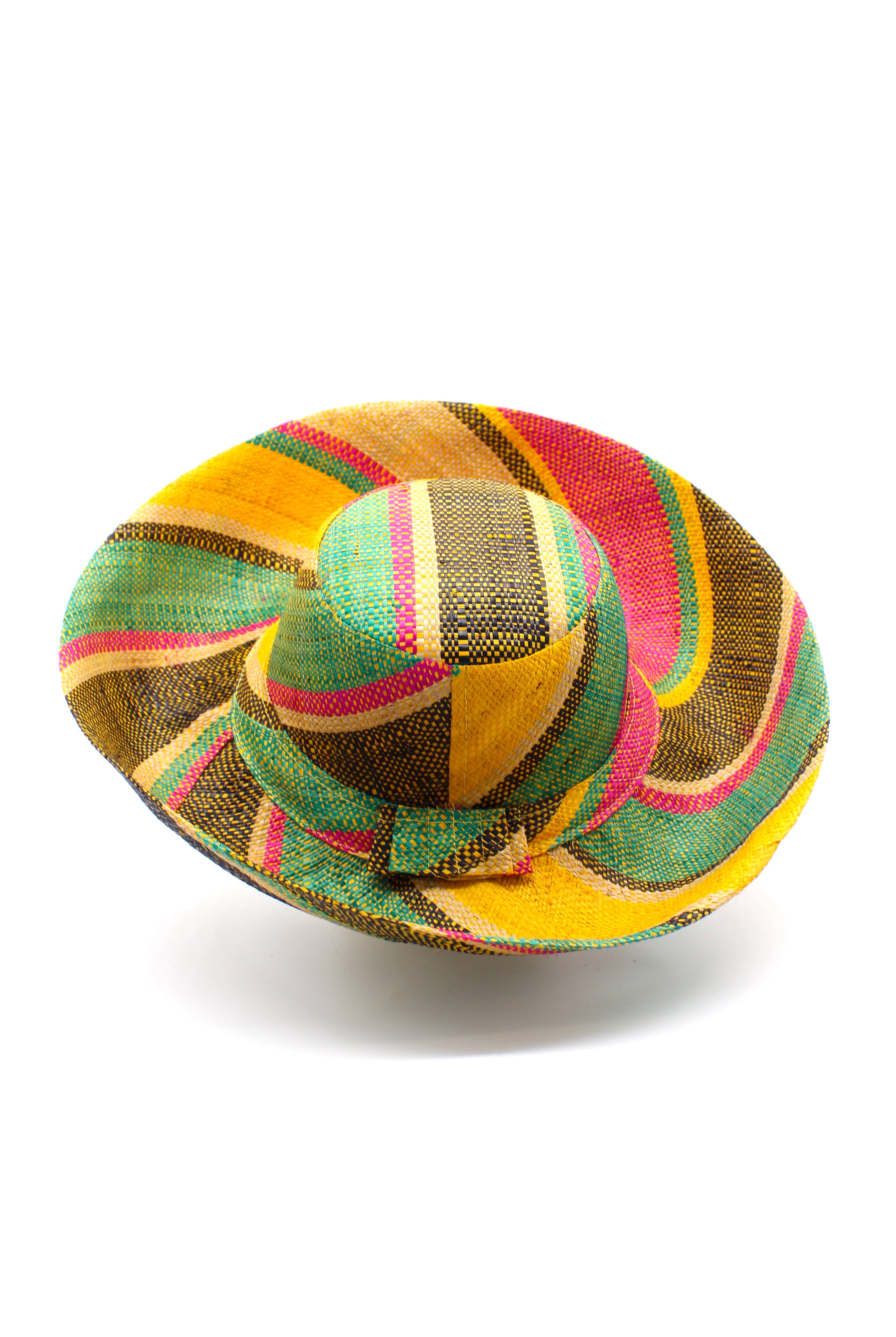 Monica 5" & 7" Wide Brim Carmalita Multicolor Stripes Packable Straw Sun Hat Handmade loomed raffia in multi width bands of saffron yellow, fuchsia pink, turquoise blue, black, and natural create a swirl pattern - Shebobo